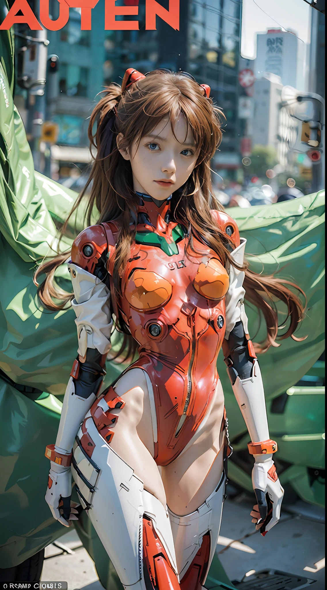 (magazine cover:1.3),ulzzang-6500, (realistic: 1.3) (original: 1.2), masterpiece, best quality, (((beautiful clean face))), fullbody, ((robot girl, mecha)), broken armor, mechanical halo, mechanical arms, white hair, long hair, ceramic body, thigh gap, small breast, cyber background, extreme detailed city, EVA 02,Souryuu Asuka Lanley,(translucent body, reflection skin), 8k, best quality, ultra detailed, (hyperrealistic:1.4),