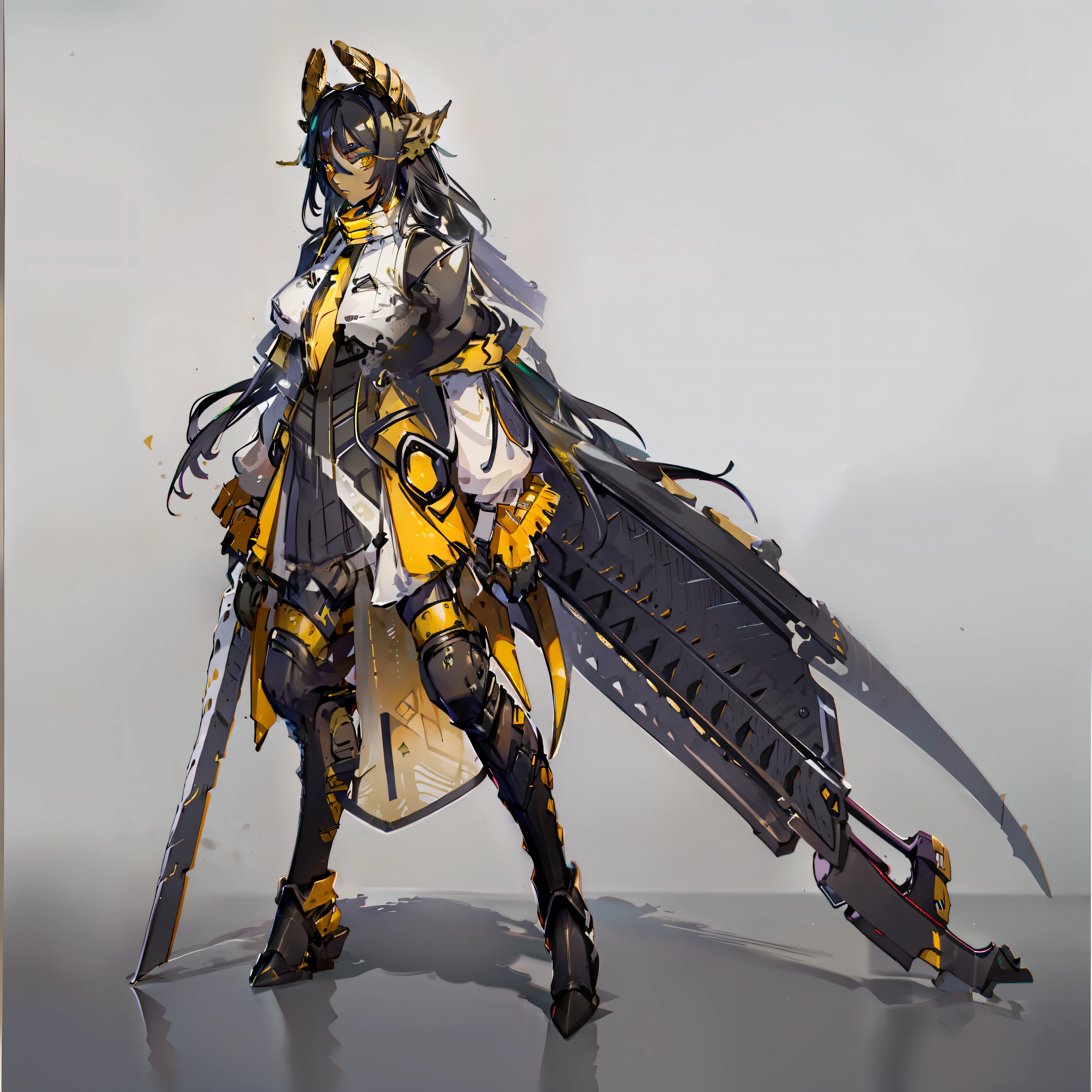 Female, No background, White background, Black skin color, Steel-like body, Yellow eyes, Cool, Two horns, skinny, One Person, Upright, Wide Shot, long boots,