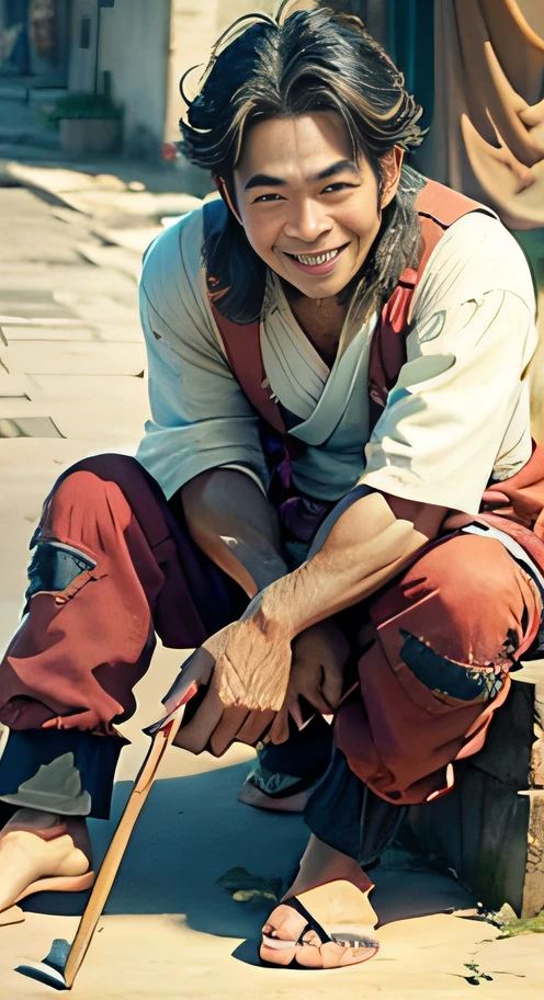 Masterpiece, hd, (8k, RAW photo:1.2), ultra realistic, korean face, smile, beggar clothes, middle aged man