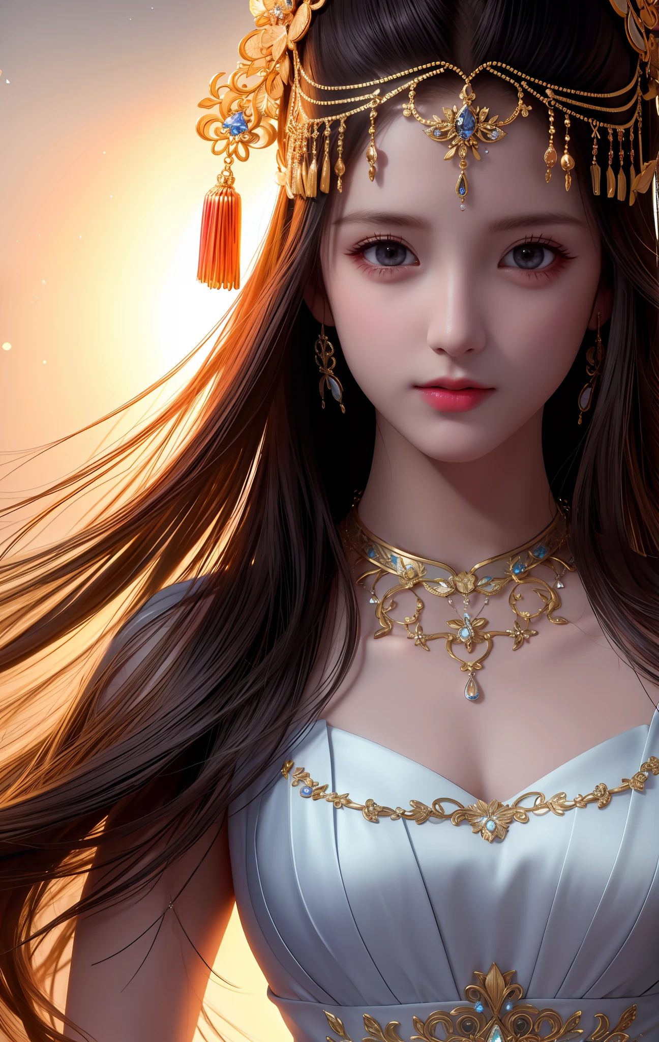Best Quality, Masterpiece, High Resolution, 1 Girl, Porcelain Dress, Hair Accessories, Necklace, Jewelry, Beautiful Face, Physical, Tyndall Effect, Realistic, Dark Studio, Rim Lighting, Duotone Lighting, (High Detail skin: 1.2), 8k uhd, DSLR, soft light, high quality, volumetric light, sneak shot, photo, high resolution, 4k, 8k, bokeh