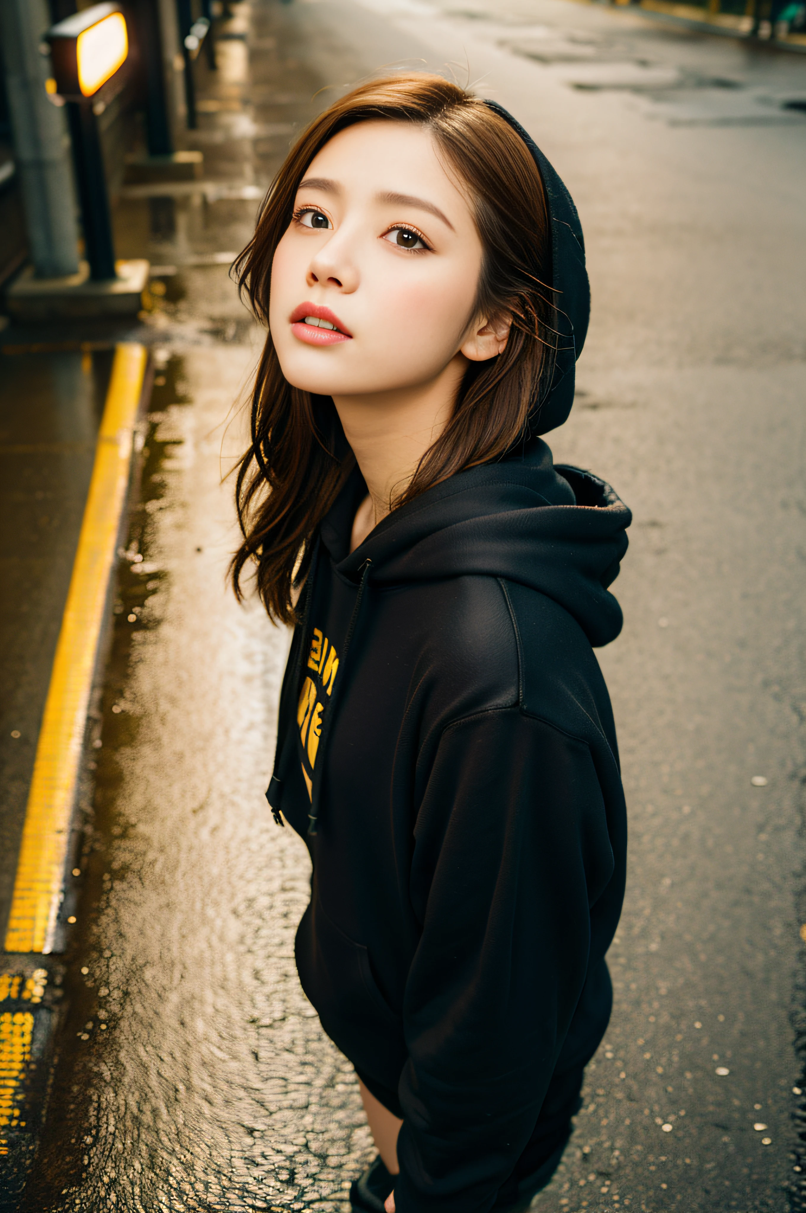 Sad theme、(top-quality、​masterpiece:1.2)、(((From directly above)))、Dynamic Pose、fish-eye lens、Textured skin, Cinematic、26 year old beautiful woman with brown hair、(((Black hoodie)))、Looking Up、(Streetlight background:1.3)、sony a7,24mm lens shooting、F 1.8 Aperture、No retouching、Realistic raw photos、The skin texture is very detailed、without makeup、Background lighting is yellow、rainy day、The ground is wet from rain、The atmosphere is moody、How to steam