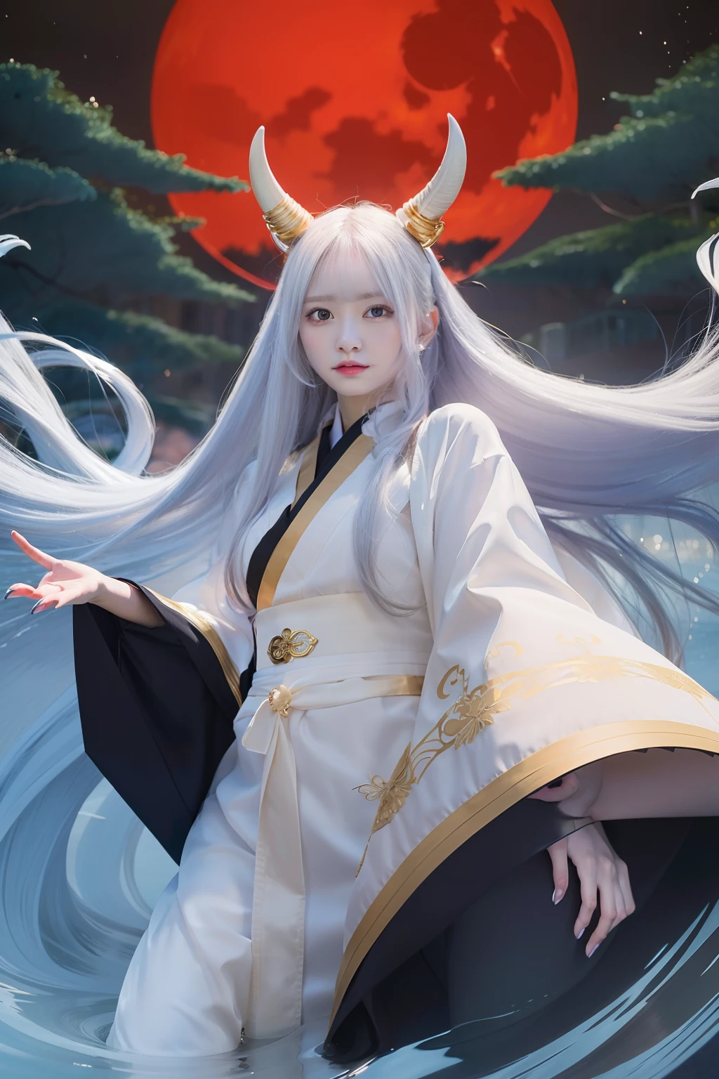 masterpiece,best quality,highly detailed,ultra-detailed,an extremely delicate and beautiful,masterpiece,1girl, solo,kaguya,mature female, long hair, absurdly long hair, third eye,horns, pale skin,white short eyebrows, otsutsuki kimono, floating hair, looking at viewer, red moon, night, cloudy sky, Look beautiful and realistic