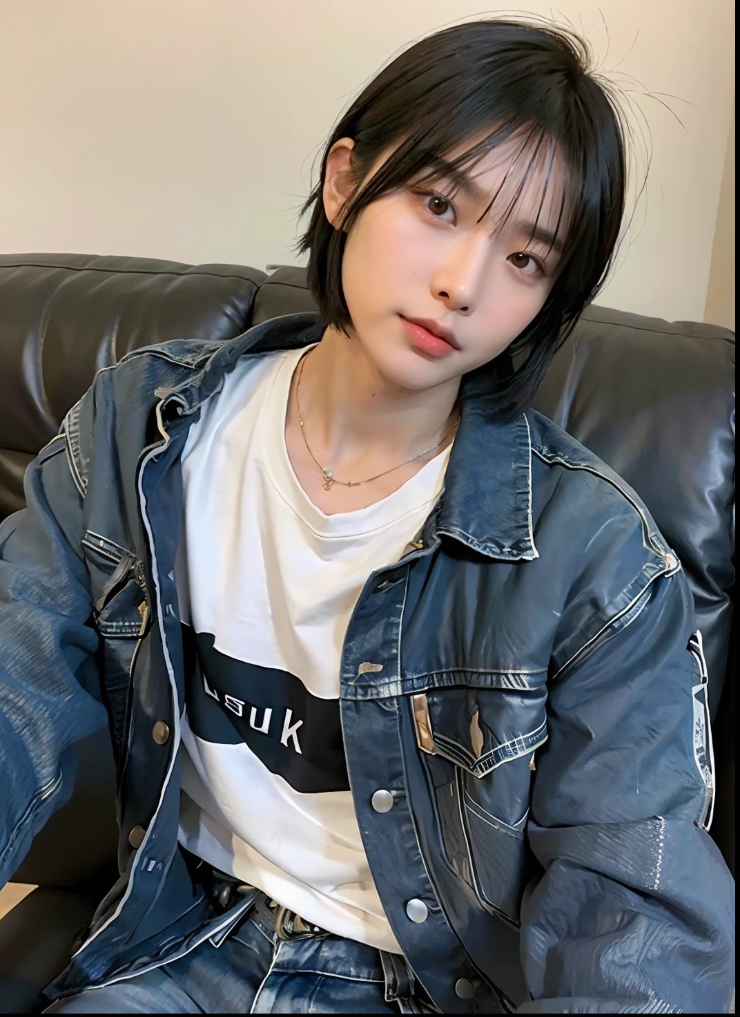 (Best quality, 8k, 32k, Masterpiece, UHD:1.2), 1guy,Handsome filipino guy wearing black denim jacket and gray pants sitting at a sofa, mullet cut x wolf cut hair, wolf cut hairstyle, black hair,face focus, selfie photo, selfie pose, black necklace, different angle shot, simple background, holding camera, looking at viewer, deep shadow, undertones, big adams apple, thick eyebrows, deep double eyelids, no make up, fine guy, tan skin, masculine body, natural beauty.