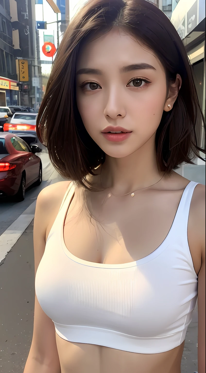 ((Realistic lighting, Best quality, 8K, Masterpiece: 1.3)), Clear focus: 1.2, 1girl, Perfect Figure: 1.4, Slim Abs: 1.1, ((Dark brown hair)), (White crop top: 1.4), (Outdoor, Night: 1.1), City streets, Super fine face, Fine eyes, Double eyelids,