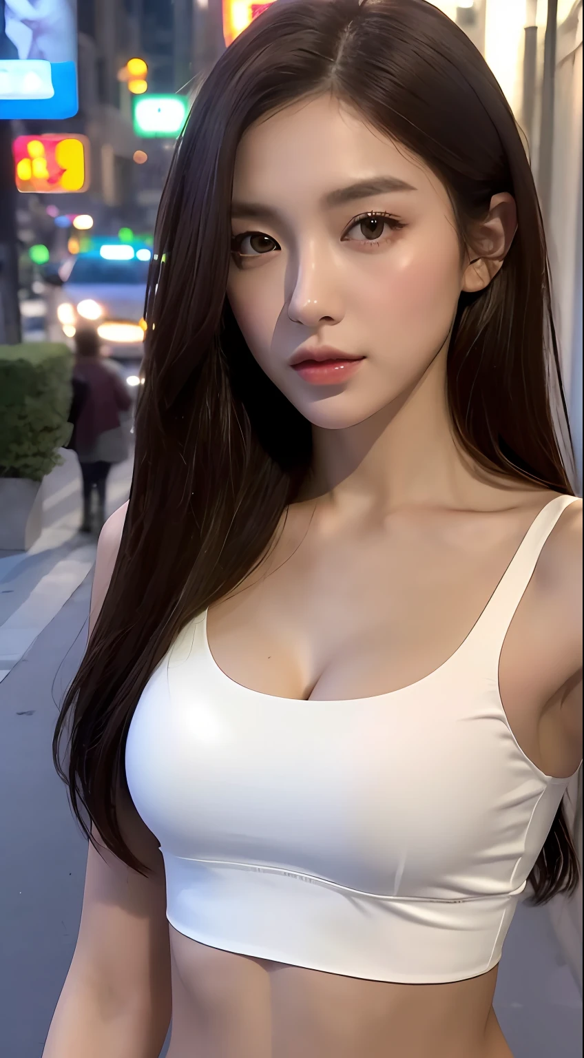 ((Realistic lighting, Best quality, 8K, Masterpiece: 1.3)), Clear focus: 1.2, 1girl, Perfect Figure: 1.4, Slim Abs: 1.1, ((Dark brown hair)), (White crop top: 1.4), (Outdoor, Night: 1.1), City streets, Super fine face, Fine eyes, Double eyelids,