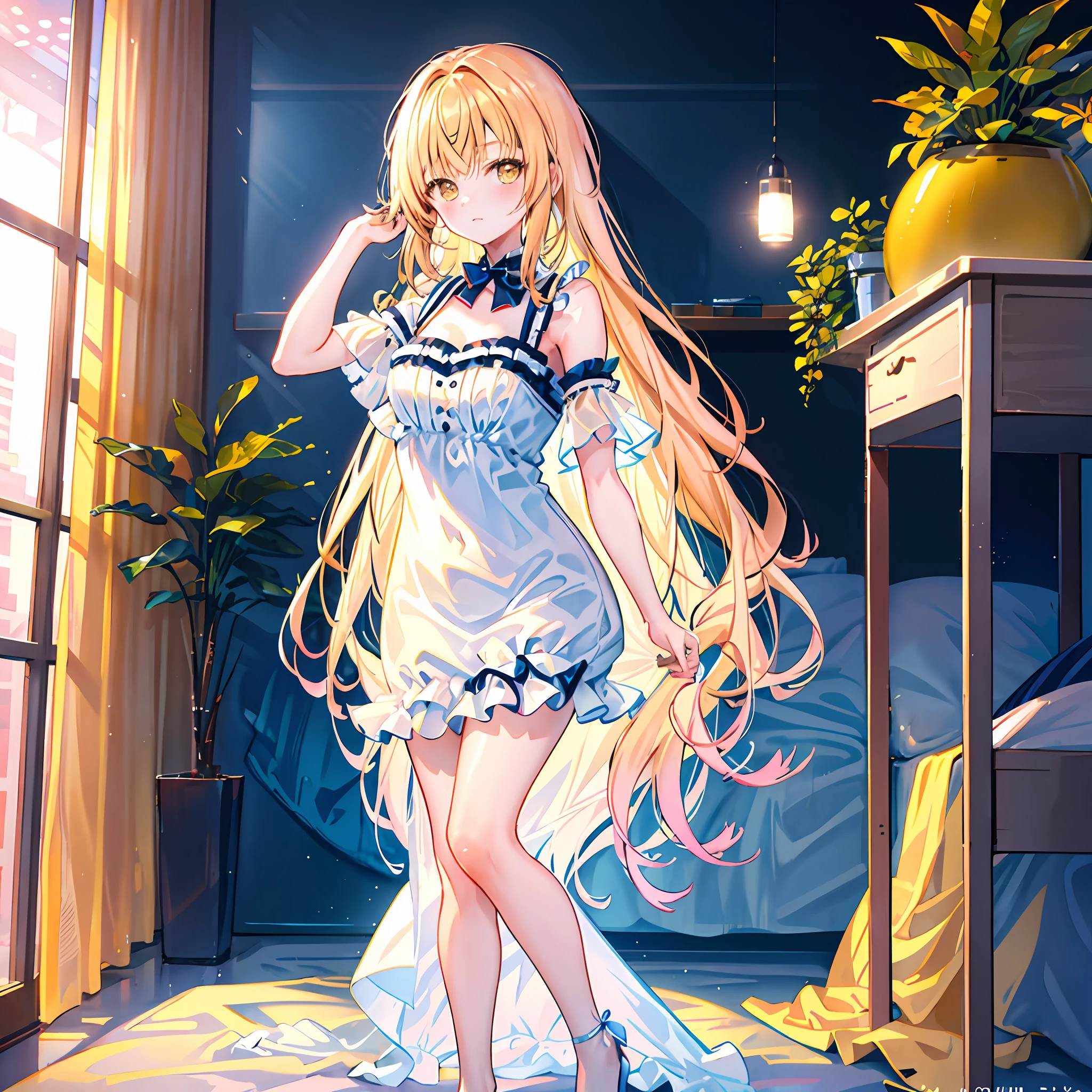 (Highest picture quality), (Master's work),(Detailed eyes description),(Detailed face description), 1girl, yellow eyes, shiina mahiru, yellow hair,(very long hair),very long hair ,white dress, visible shoulders, blush, cleavage, medium breast, bed, indoor, bedroom, fashionable, woman, vibrant, posing, front, colorful, shy, expression, coiled, around, touch, scene, attention-grabbing, catchy, modern, focus, fashion, realistic lighting, extreme blushing