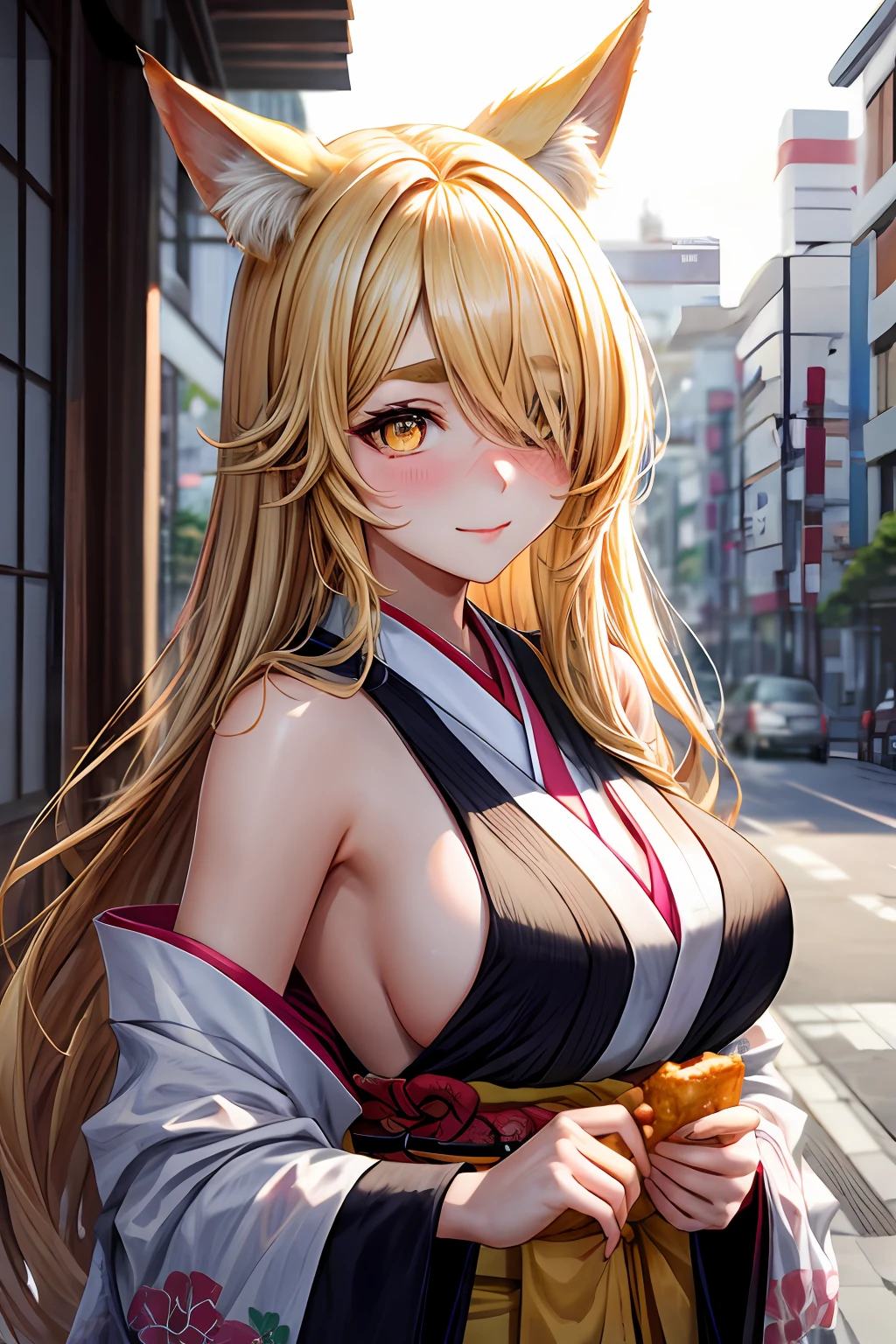 sls kaho, japanese clothes, long hair, sideboob, animal ears, large breasts, detached sleeves, fox ears, blonde hair, halo, kimono, sleeveless kimono, hair over one eye, eyes visible through hair, thick eyebrows, yellow eyes, beautiful, masterpiece, cute girl,young girl, beautiful and clear background, outdoor, perfect lighting, side lighting, flurry of falling, eat fried tofu, nose blush