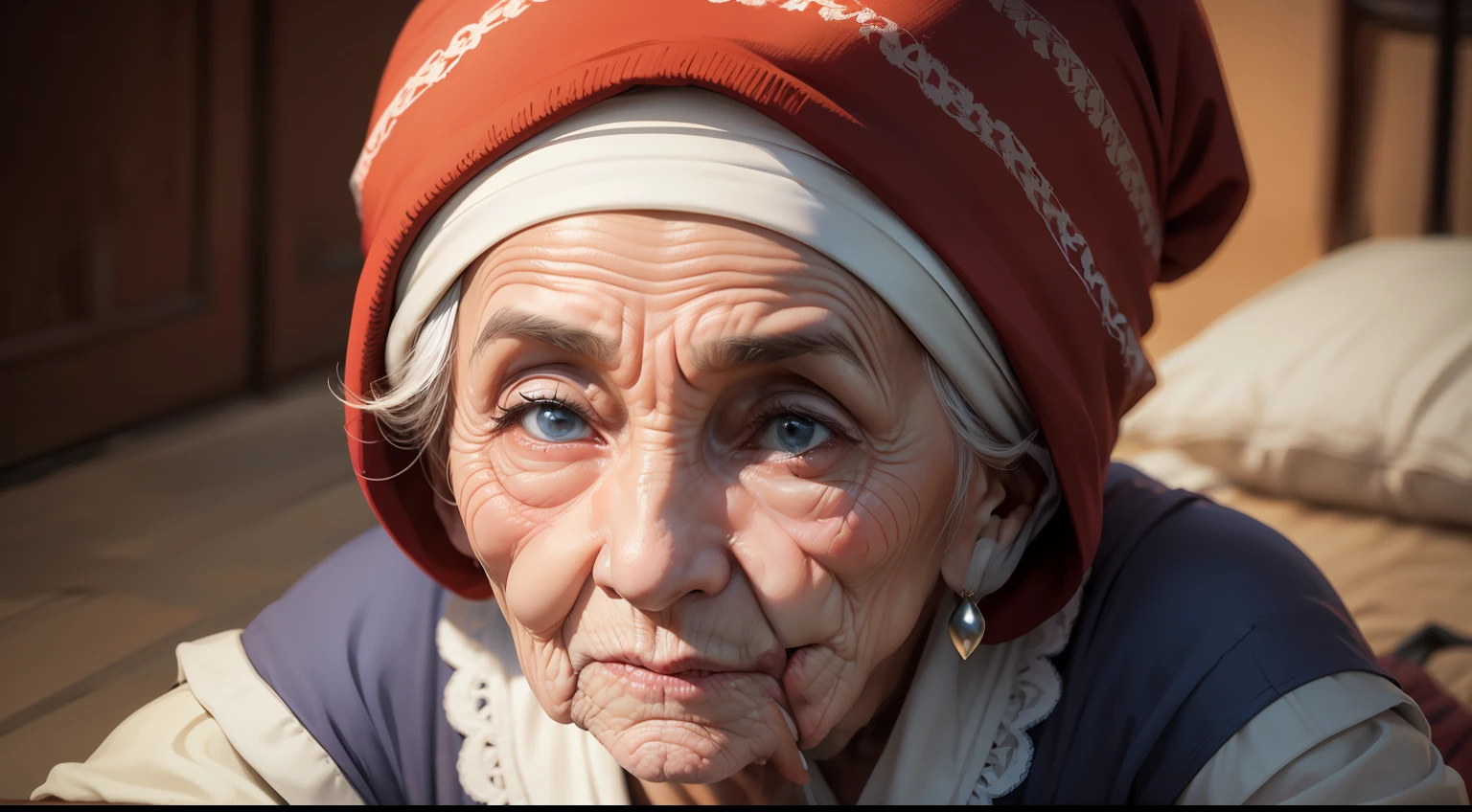 very old woman wearing a cloth on her head, pele enrrugada e com o ar de cansada