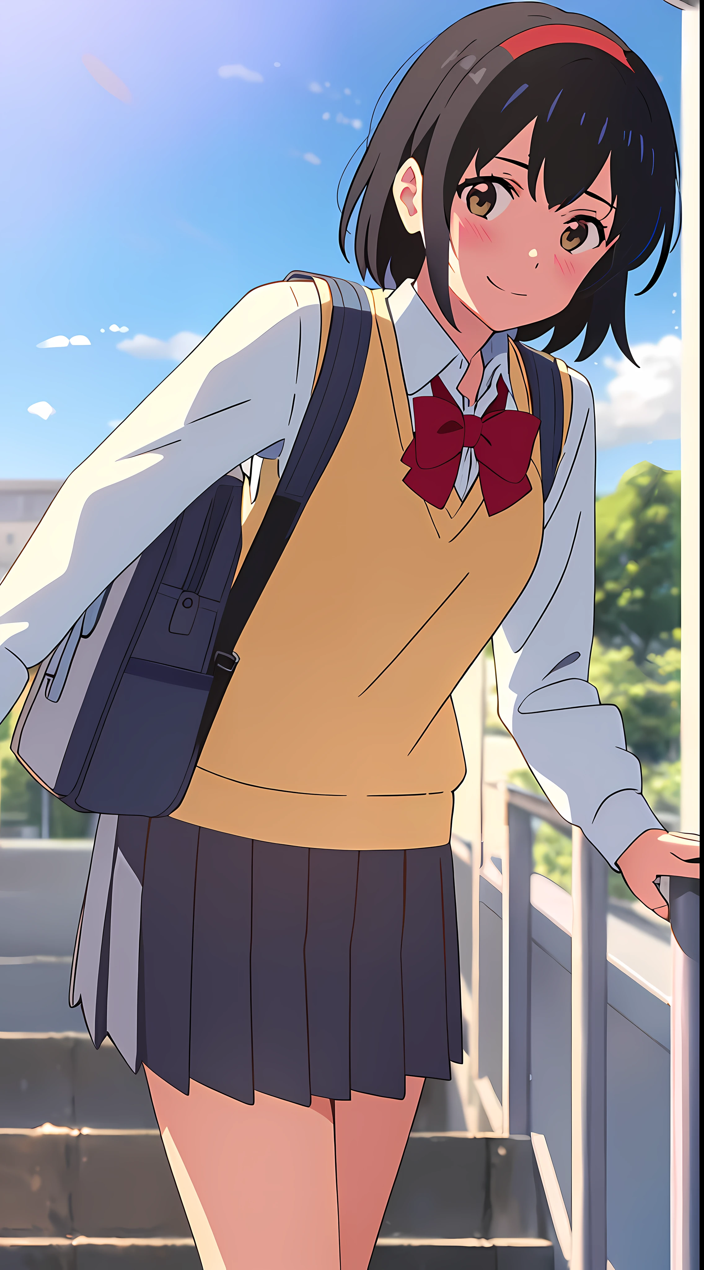 shinkai makoto, kimi no na wa., 1girl, bangs, black hair, blush, brown eyes, sky, cloud, collared shirt, looking at the viewer, outdoors, red headband, red ribbon, red bow, school, school uniform, short hair, smile, solo, white shirt, yellow sweater vest, yellow vest, blue skirt, school backpack