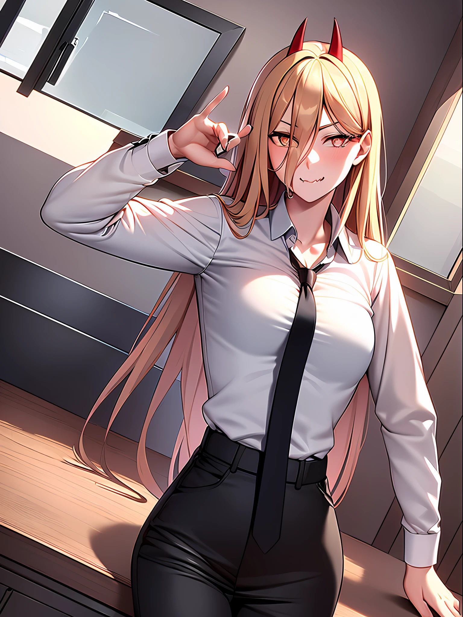 masterpiece, (ultra detailed background, delicate pattern, intricate detail, highly detailed, fine details), best quality, Power, 1girl, horns, solo, teeth, sharp teeth, ((closed mouth)), cross-shaped pupils, long hair, yellow eyes, ((blonde hair, small breasts)), red horns,  jacket, (complex detailed background, inside, kitchen environment, room, table, food, window, sunny, cowboy shot), (((cross-shaped pupils, symbol-shaped pupils))), white shirt, pants, collared shirt, black necktie, blue jacket,