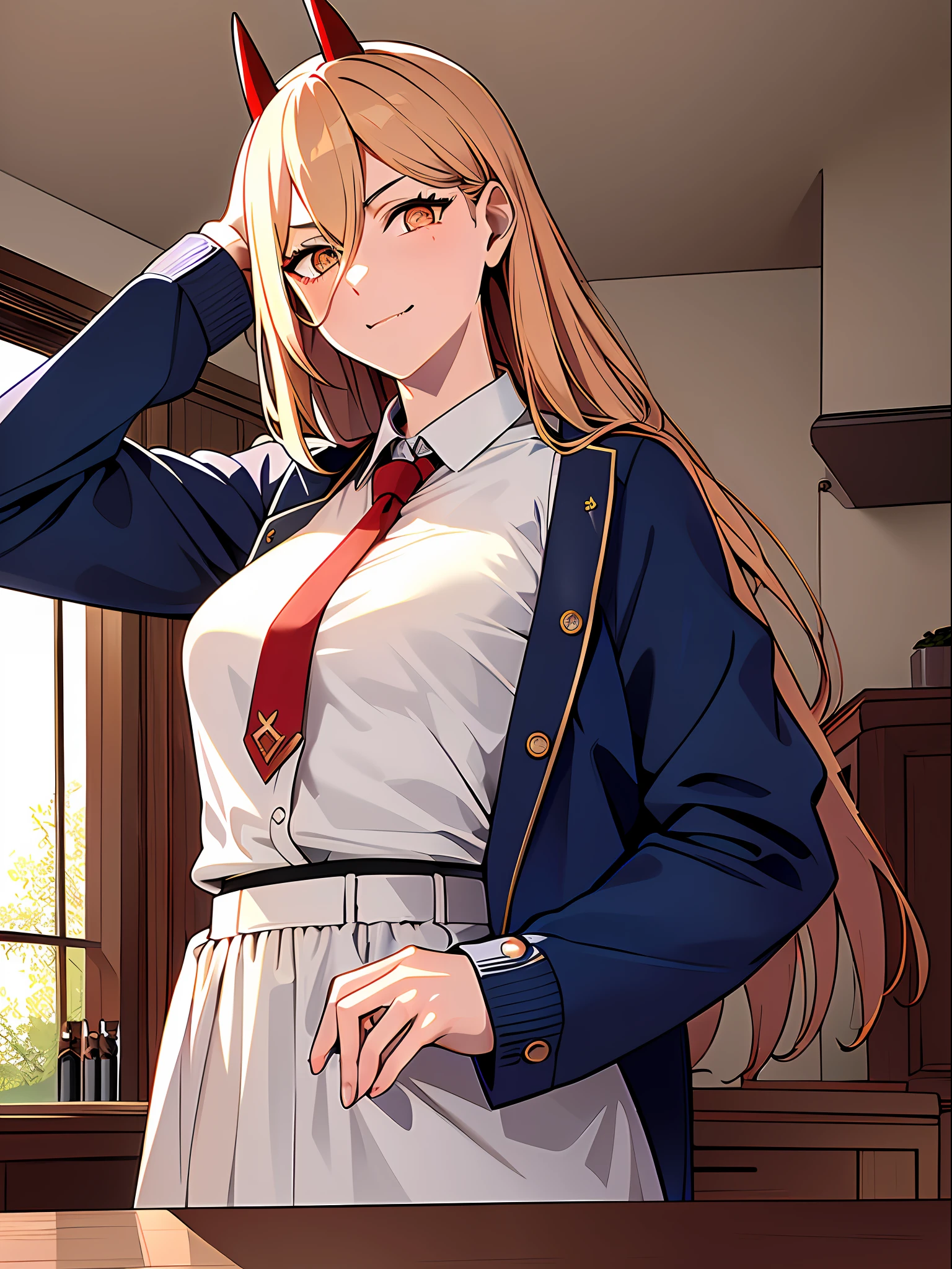 masterpiece, (ultra detailed background, delicate pattern, intricate detail, highly detailed, fine details), best quality, Power, 1girl, horns, solo, teeth, sharp teeth, ((closed mouth)), cross-shaped pupils, long hair, yellow eyes, ((blonde hair, small breasts)), red horns,  jacket, (complex detailed background, inside, kitchen environment, room, table, food, window, sunny, cowboy shot), (((cross-shaped pupils, symbol-shaped pupils))), white shirt, pants, collared shirt, black necktie, blue jacket,