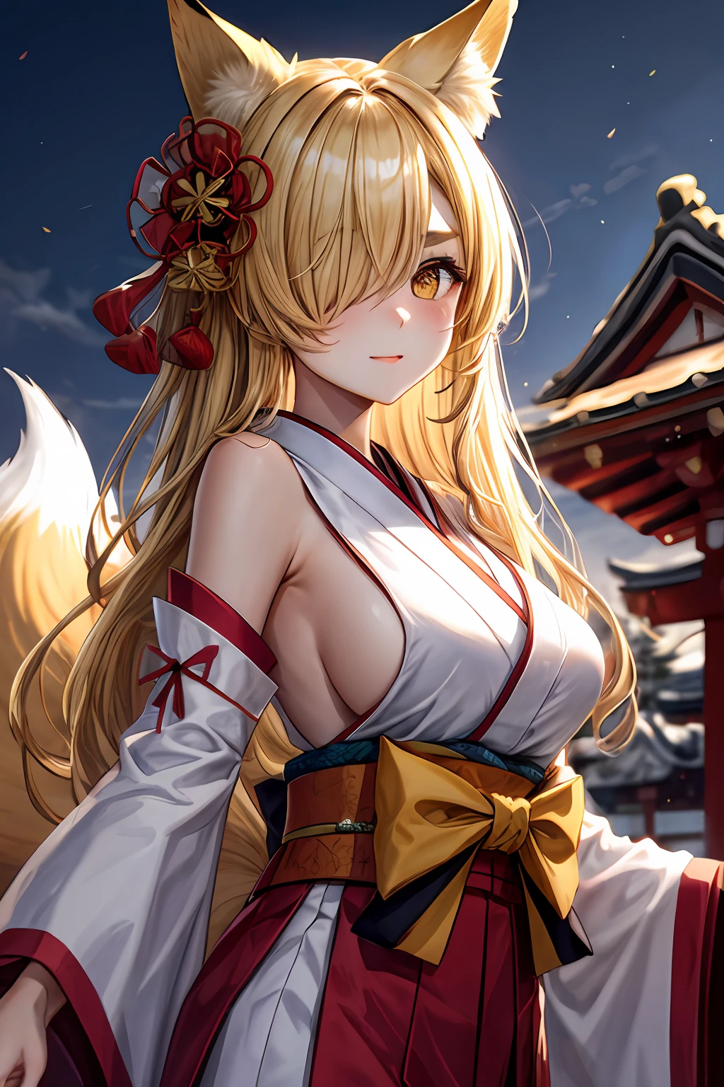 japanese clothes, long hair, sideboob, animal ears, large breasts, detached sleeves, fox ears, blonde hair, kimono, sleeveless kimono, hair over one eye, eyes visible through hair, thick eyebrows, yellow eyes, beautiful, masterpiece, cute girl,young girl, beautiful and clear background, outdoor, perfect lighting, side lighting, flurry of falling, nose blush, shrine, midnight