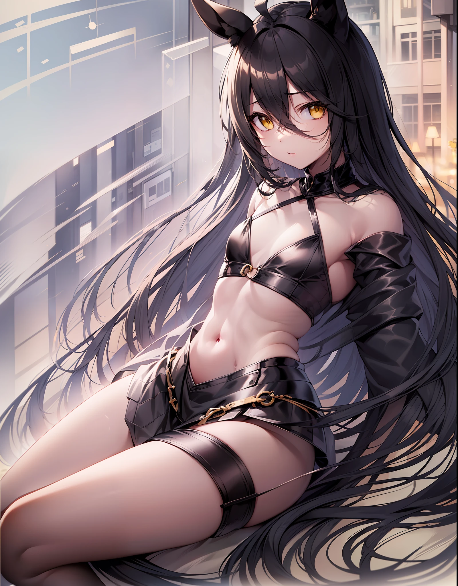 ((masterpiece))、((top-quality))、Full body wide angle、(独奏)、manhattan-cafe,manhattan-cafe(Racing Wear),、White ahoge, (Long Black Hair)、long black bangs passing between the eyes,,,、Black-haired horse ears、Horse tail、Yellow eyes without highlights、((((flat chest))))、(((Black Bikini)))、shores、sand beach、Moonlight、