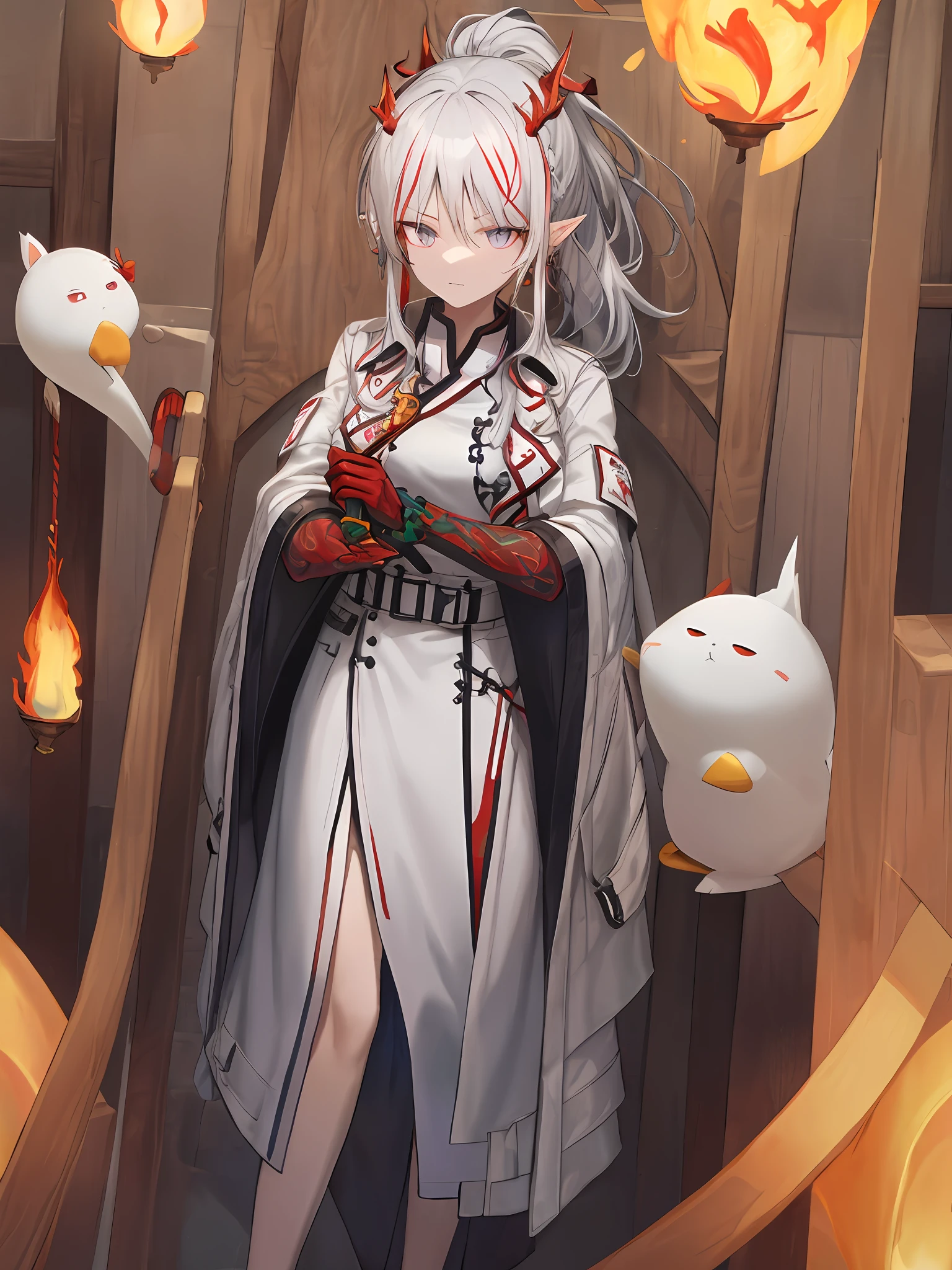 ember，Height 178.5，Gray hair color，Short low ponytail（Sometimes it is braided），There is a coffee-colored gradient at the tip of the ponytail，The left eye is pale golden，Silvery-white heteropupil of the right eye，Dark grey all-terrain trench coat，Wear a silver and white jade charm