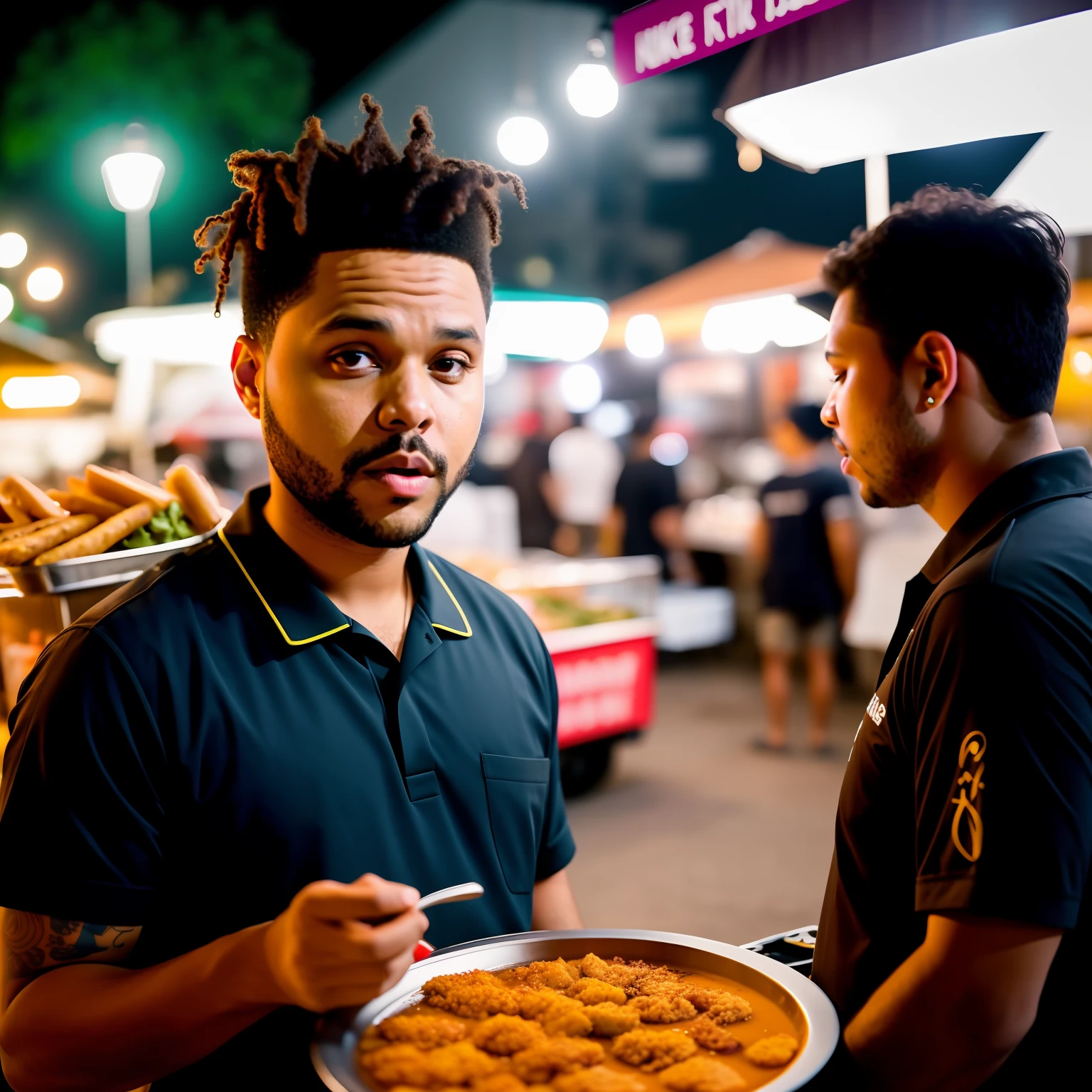 Theweeknd holding a plate of food in front of a man, nighttime, nights, 2019 trending photo, with street food stalls, edited, shot on sony a 7 iii, promotional image, los angeles, shot on nikon z9, fan art, pexels contest winner, at night, set at night, promo still, yummy