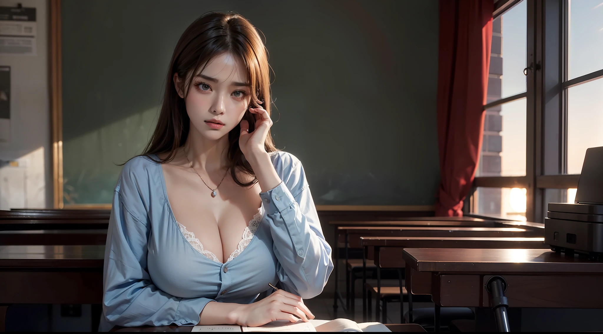 （Award-winning digital artwork：1.3） af （sketching：1.3），（Saturation：1.3），（Close portrait：1.3），（femele：1.4），（big breasts beautiful： 1.4),(carismatic:1.3),Perfect Detailed Eyes,‎Classroom，Mature woman,Large breasts，Raised sexy，Oversize men's shirt，No underwear，Film filter, ，dramatics，dynamicposes，illusory engine， (High detail: 1.9)，the setting sun