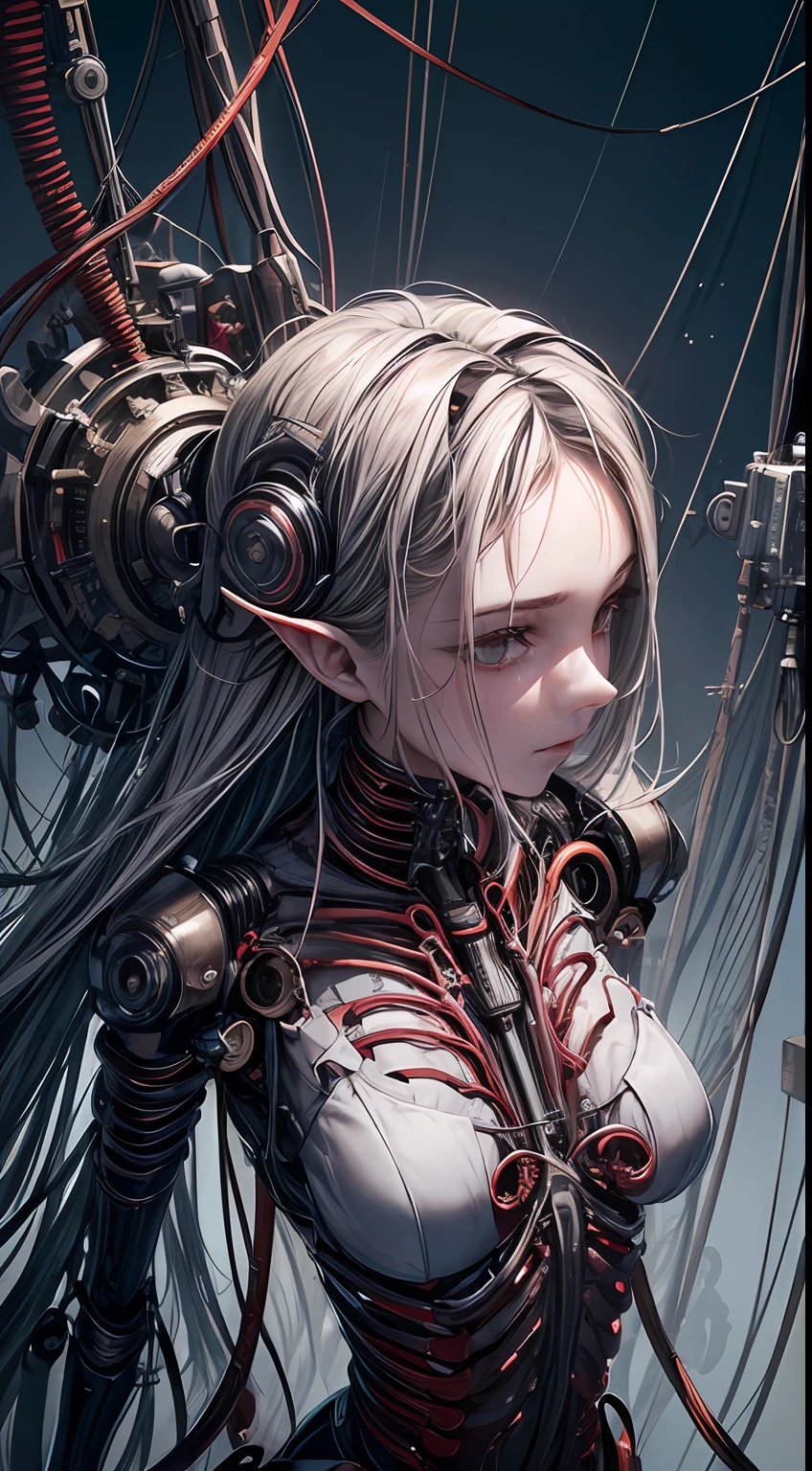 (((Masterpiece))), ((Best Quality)), (Super Detail), (CG Illustration), (Very Evil and Beautiful)), Cinematic Light, ((1 Mechanical Girl)), Single, (Mechanical Art: 1.4), ((Mechanical limb)), (Blood vessel attached to a tube), ((Mechanical spine attached to the back)), ((Mechanical cervical vertebrae attached to the neck), (Back to the viewer)), expressionless, ( Wires and cables attached to the head and body: 1.5), Science Fiction, Apocalypse, Ruins, (Lower Body Integrated with Mechanical Devices), (Blood: 1.5), Cruelty, Absurdity, Eroticism, Fusion with Machines, Doomsday Time, Super Future, Inorganic, Laboratory, Restraint, (Beautiful Indulgence: 1.2), (1 Girl: 1.3), Body Wrapped Around Mechanical Tentacles