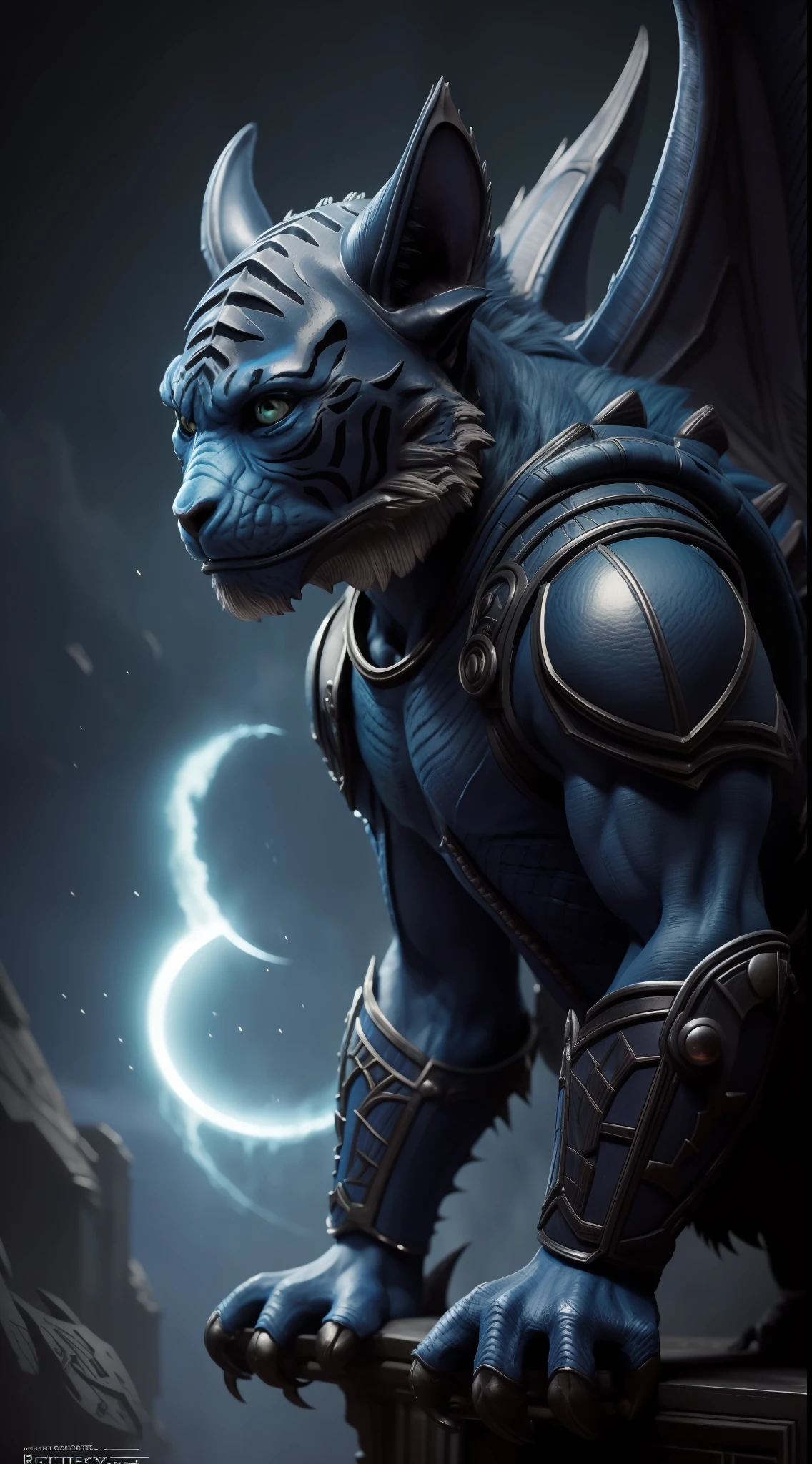 (beste-Qualit), (tmasterpiece), (Detailed:1.4), alien-avatar-(stitch)-(gargoyle)-gremlin-cute-body-boy, blue-hair, black-breeches, feline-eyes, ape-body-tiger-bat-wolf, brave-httyd, studio photo, intricate detail, high detail, Greg Rutkowski, 32k