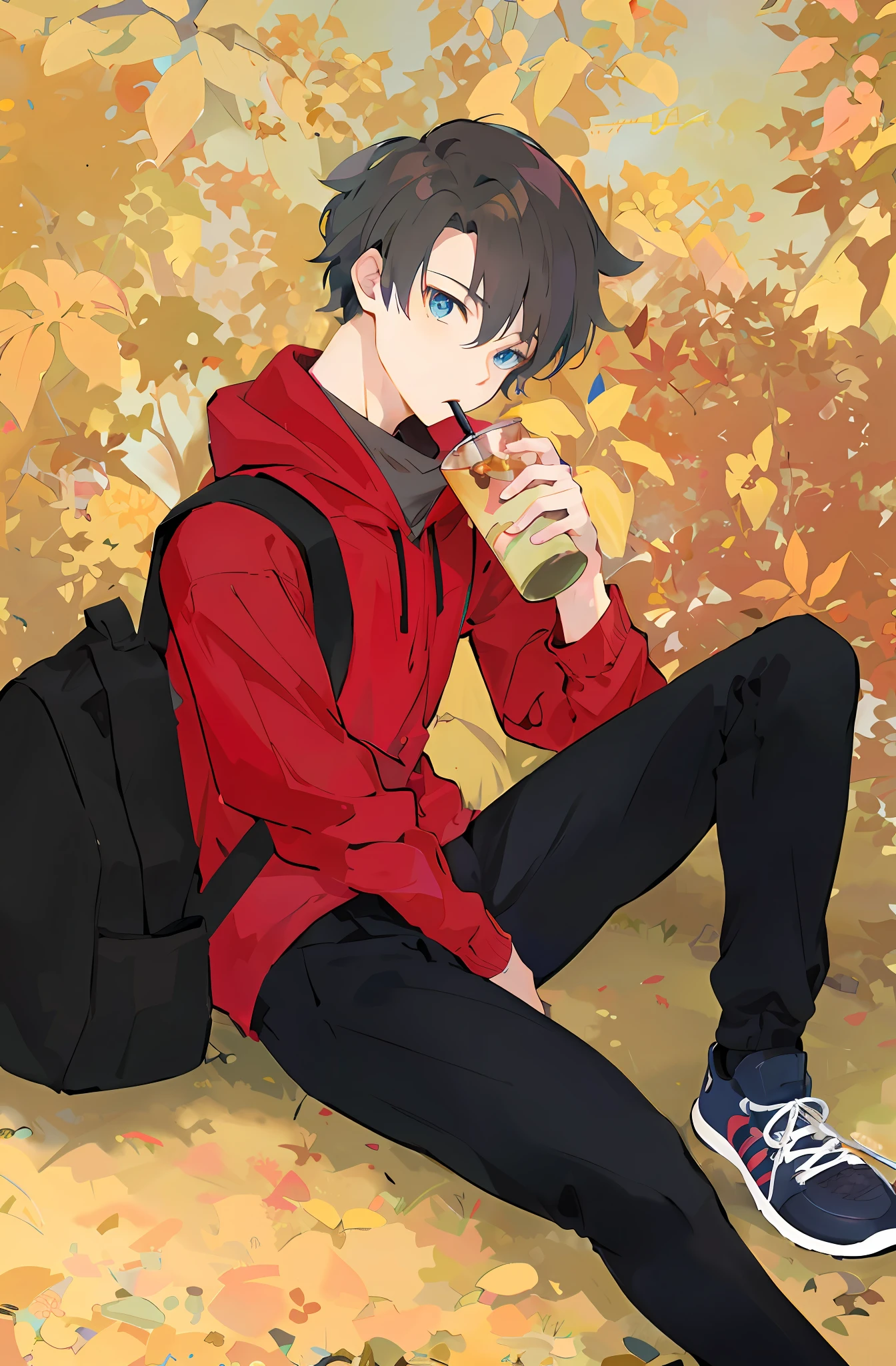 Anime boy sitting on the ground with backpack and drink, Tall anime guy with blue eyes, Young anime man, Anime boy, anime lush john 8k woods, 🍁 Cute, in anime style, anime moe artstyle, in anime style, Men's Anime Style, handsome anime pose, high quality anime artstyle, in the autumn, anime style character