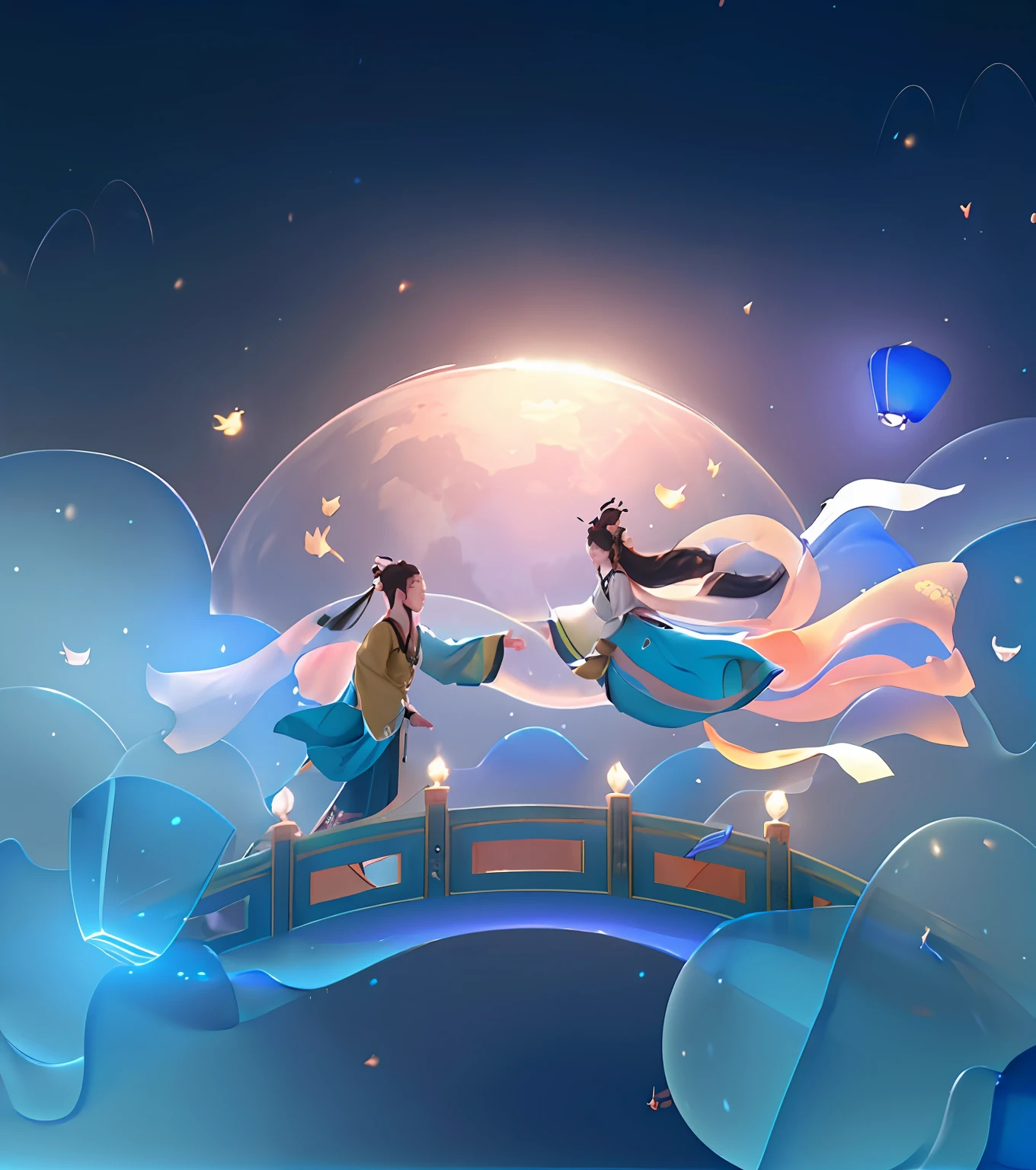 Han Dynasty period, A male, Sideways, An ancient fairy that fell from the sky, Magpie Bridge, Auspicious clouds, Huge moon background, Lanterns, blue and gold tone, Movie lighting, C4D render, Detailed details, and detailed light and shadow, (((Masterpiece))),Best quality, (First_person_View),((Ultra-delicate shadows)), ((((Ultra detail))), ((((8K)))), (((A high resolution))), ((8K wallpaper)), 8K wallpaper, ((((Ultra detail))), ((((8K)))), (((A high resolution))), ((8K wallpaper)), Shadow detail (((Ultra detail))), ((((8K))))