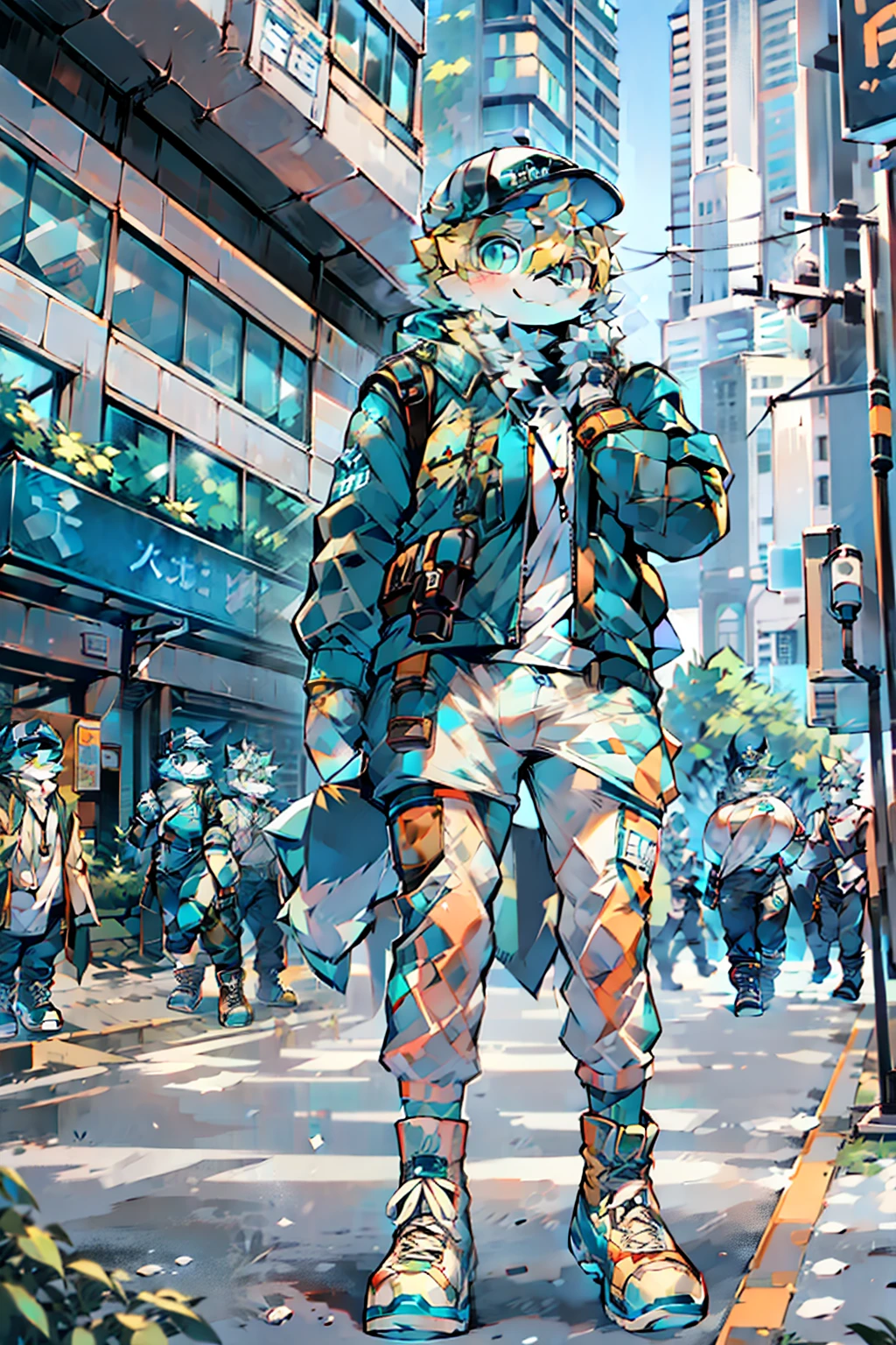 Beautiful woman medium hair、hated、cyberpunked、a short bob、a blond、White Summer Knitted Cap、 odd eye、blue right eye、Green left eye、Blue Leather Vest、Long white T-shirt、White Cargo Pants、Black Engineer Boots、head phone、Holding a pistol in his right hand、Sprint、In front of Shibuya Station、natta、Well-formed fingertips of both hands、Full body like、Colossal tits、A smile、Extend your left hand to us