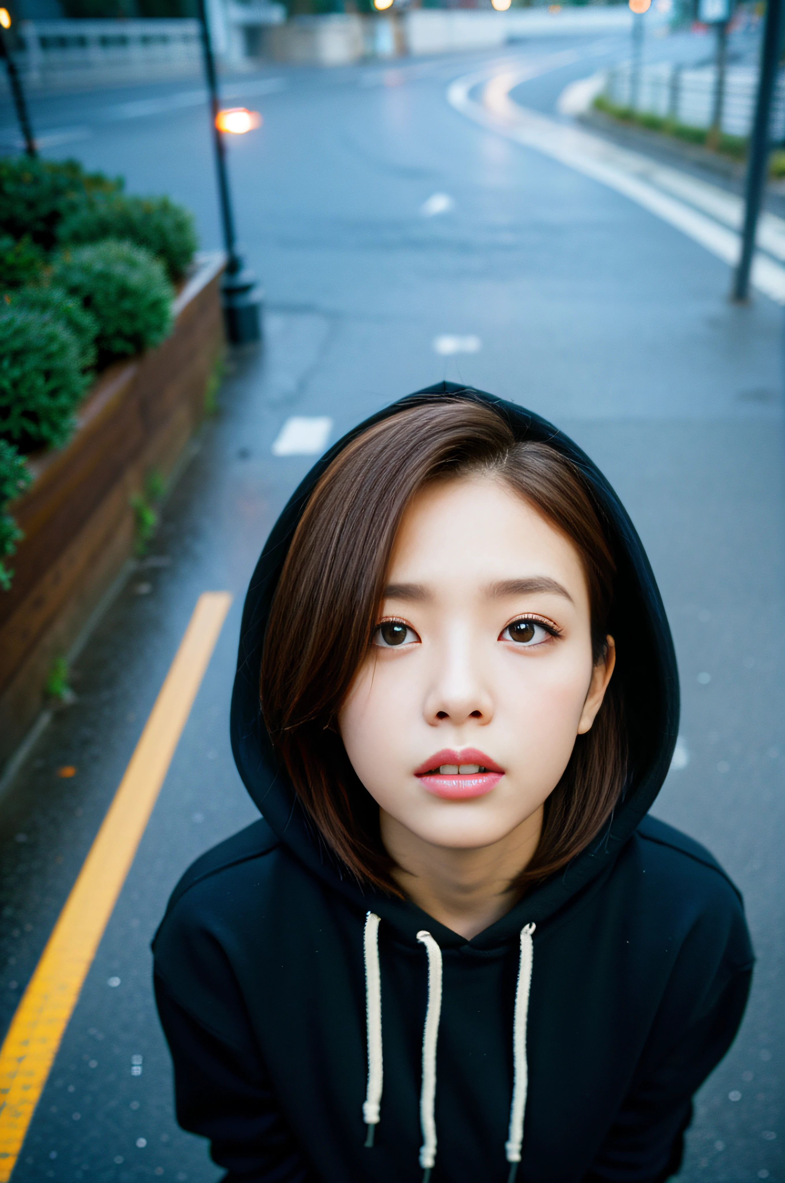 Sad theme、(top-quality、​masterpiece:1.2)、(((From directly above)))、Dynamic Pose、fish-eye lens、natta、Dark light、Textured skin, Cinematic、24 year old beautiful woman with brown hair、(((Black hoodie)))、Looking Up、(Streetlight background:1.3)、sony a7,24mm lens shooting、F 1.8 Aperture、No retouching、Realistic raw photos、The skin texture is very detailed、without makeup、Background lighting is yellow、rainy day、The ground is wet from rain、The atmosphere is moody、How to steam