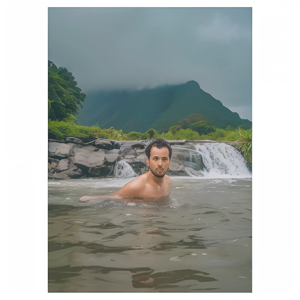 there is a man that is in the water with a frisbee, in the water, in water, in a lake, bathing in a waterfall, in water! up to shoulders, waterfalls in the background, in lake, amidst nature, hyperrealist portrait in a river, in a river in the jungle, with a waterfalls, under waterfall, standing in a waterfall