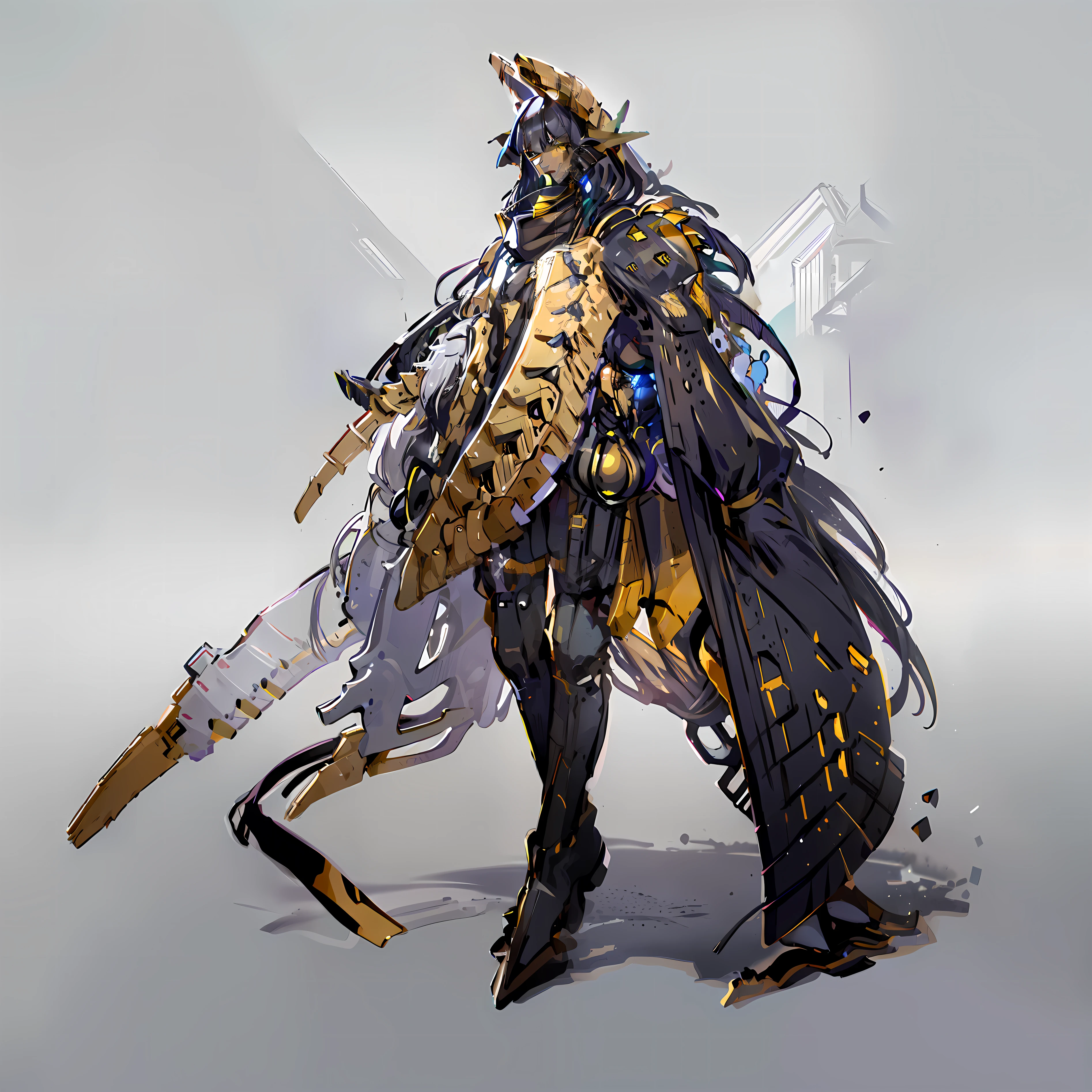 my, No background, White background, Black skin color, Steel-like body, Yellow eyes, Cool, Two horns, skinny, One Person, Upright, wide shot, boots,