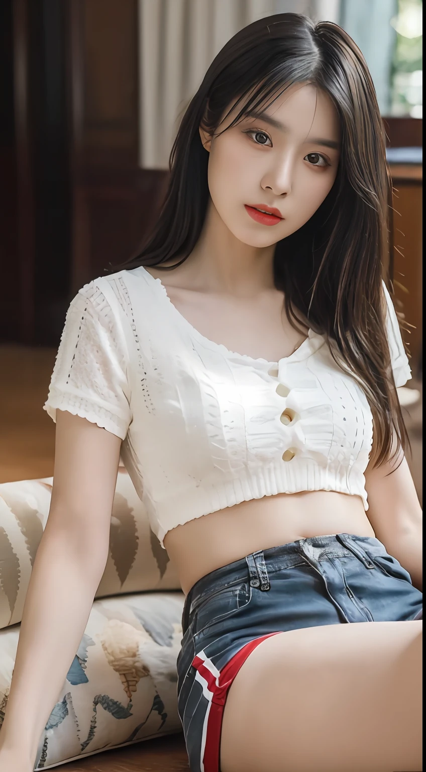Ultra HD, masterpiece, highest resolution, highest detail, chiaroscuro, a young and beautiful woman, black hair, beautiful eyes, long eyelashes, human eye perspective, wearing a cream white top, red shorts, sitting on the sofa