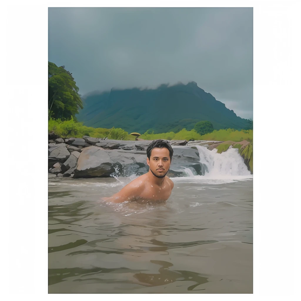 there is a man that is in the water with a frisbee, in the water, in water, in a lake, bathing in a waterfall, in water! up to shoulders, waterfalls in the background, in lake, amidst nature, hyperrealist portrait in a river, in a river in the jungle, with a waterfalls, under waterfall, standing in a waterfall
