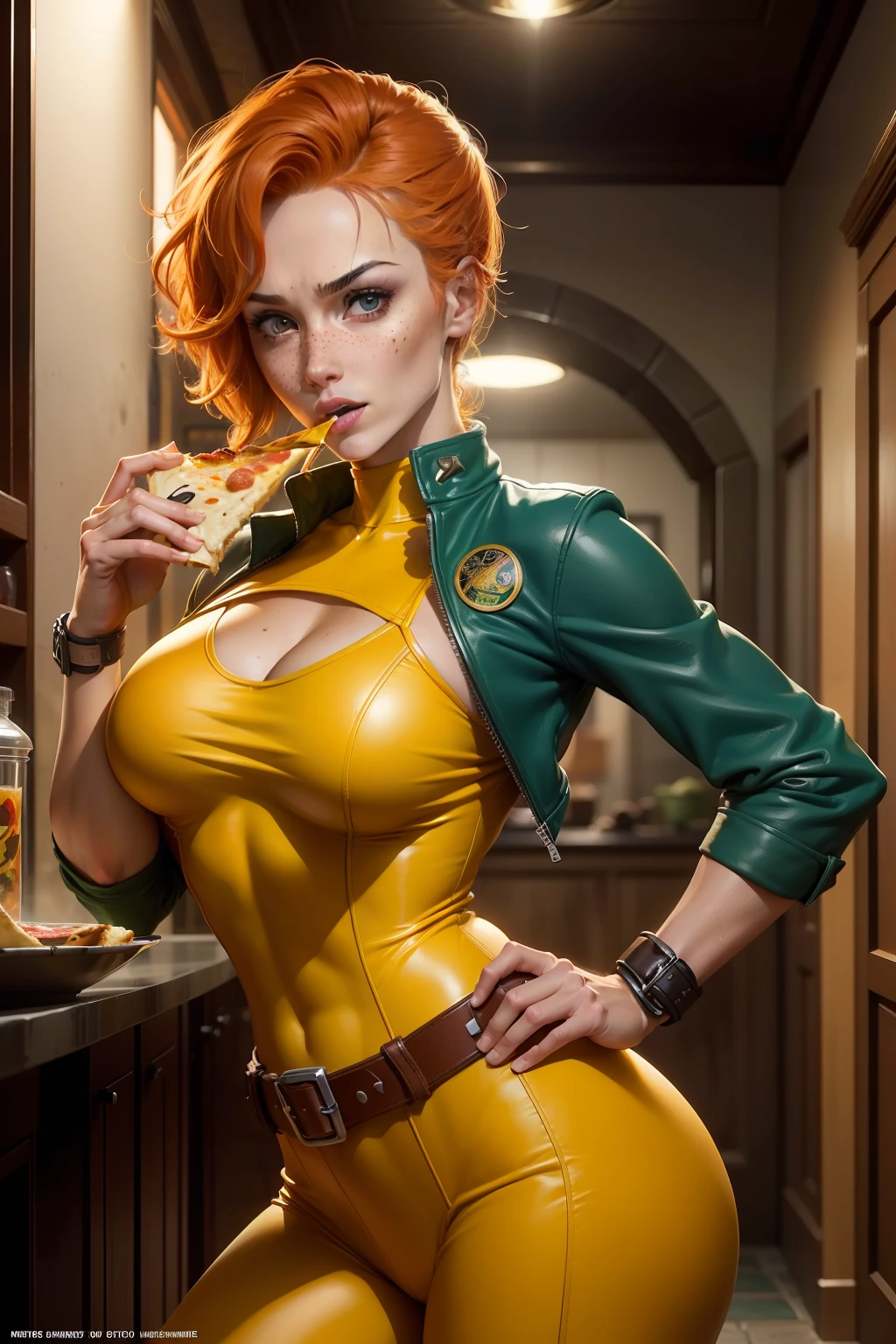 April O'Nile eating pizza, (April O'Nile: 28 years old, brave, companion of the Ninja Turtles, yellow suit, leather jacket, strong belt, one hand holds a slice of pizza close to mouth, mouth open with, detailed face, ginger, freckles, breasts tilted towards the viewer), sewer room, widescreen, with a strong sense of three-dimensionality, by Kevin Eastman and Peter Laird,