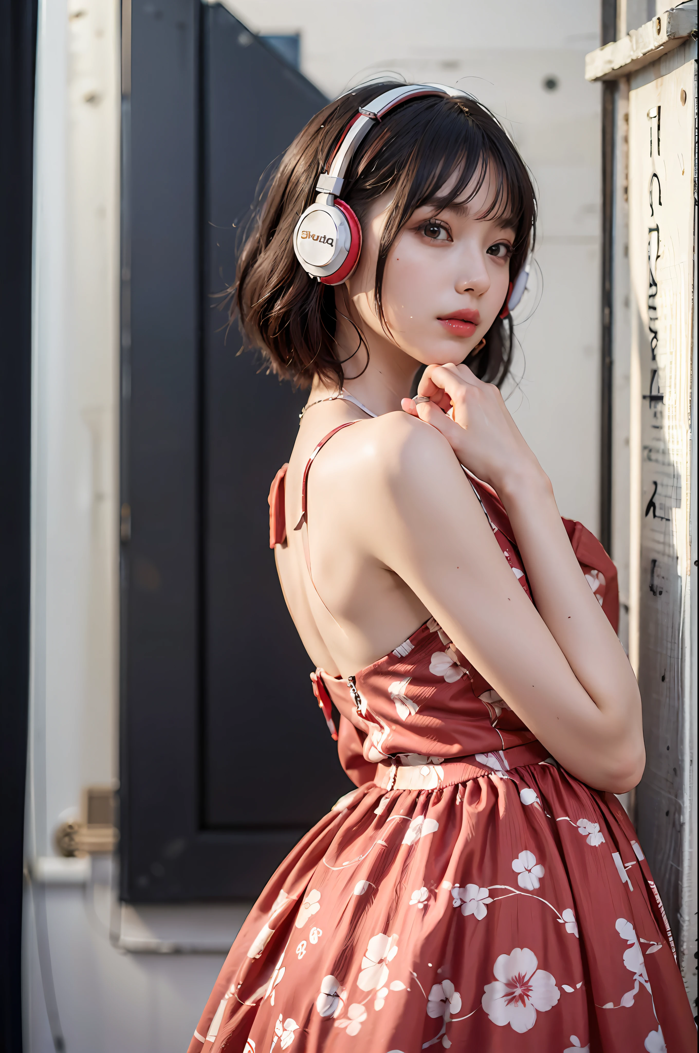 Best Quality, masutepiece, (Photorealistic:2), Ultra High Resolution, Highly detailed, A hyper-realistic, 1girl in, ((Red headphones)), (Longer dress), Floral pattern, colourfull_hair、(((very_Short_hair))), Short hair, Slim body, Full Shot, Looking at Viewer, ((Music Studio)),  Bright atmosphere, spot light, Detailed background