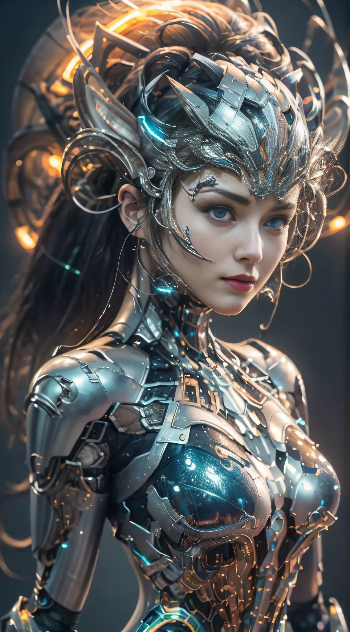 Masterpiece, best quality, super detailed, very detailed illustrations, very detailed, intricate details, high resolution, super complex details, very detailed 8k cg wallpaper, 50MM lens, caustics, reflections, ray tracing, nebulae, dark halos, network effects, (1girl:1.4), solo, alone, mecha musume, mechanical parts, robot joints, single mechanical arm, headgear, mechanical halo, star halo, electric mechanical bodysuit, mecha corset, kimono, full armor, very long hair, white hair, hair between eyes, multicolored hair, blue eyes, glowing eyes, random expression, random action, ancient chinese architecture, starry sky, skyline,