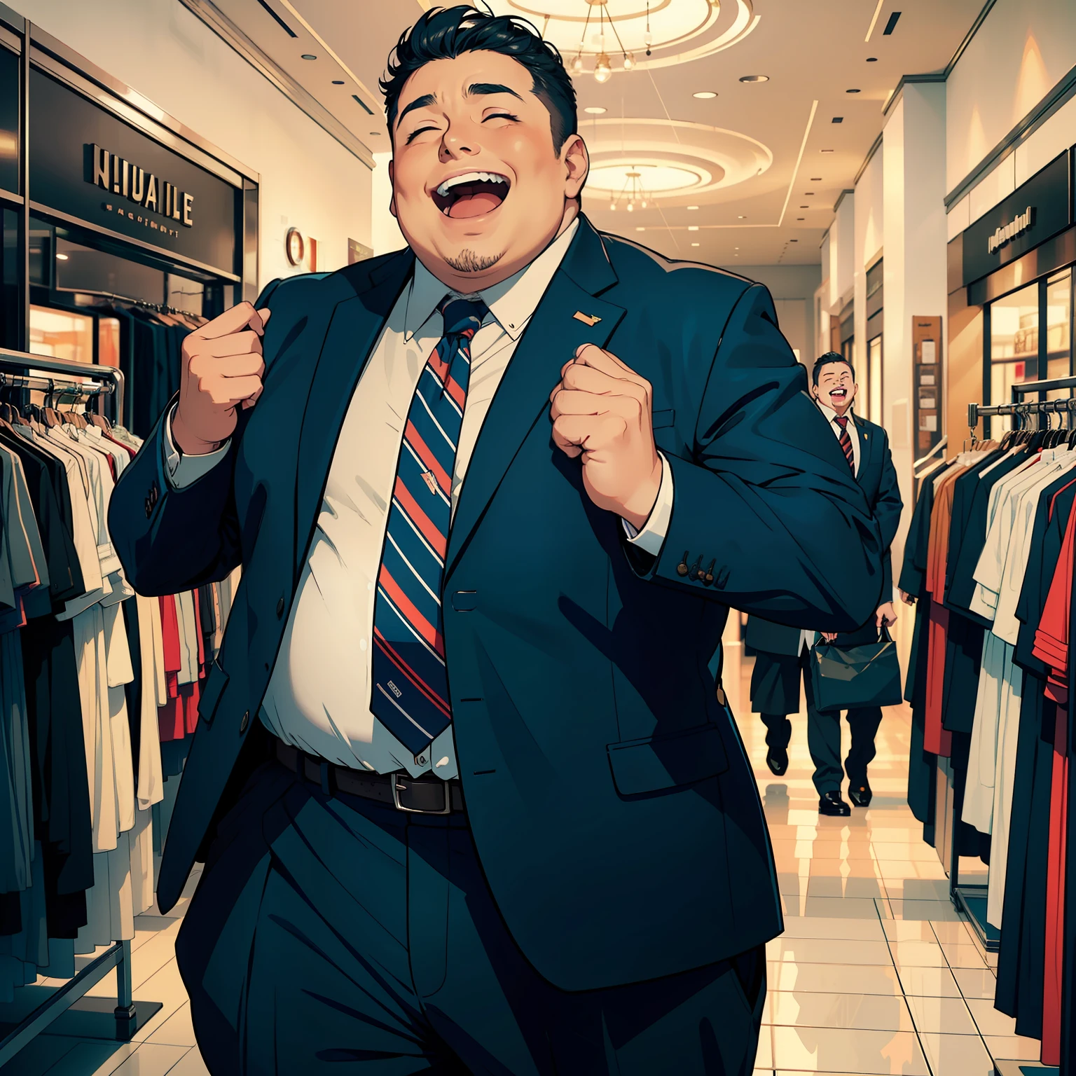 A man，Slightly fat，with her mouth open，Laughing，Squint，dressed in a suit，In the mall clothes store