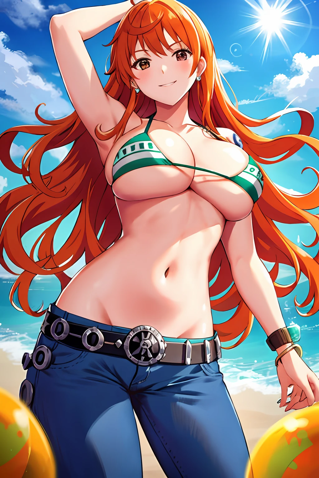 detailed background, masterpiece, best quality, 1girl, solo, nami \(one piece\), 1girl, bangle, bangs, bare shoulders, belt, bikini, bikini top only, blue sky, bracelet, breasts, brown eyes, bubbles, cleavage, clouds, cowboy shot, sun, denim, earrings, floating hair, green belt, green bikini, crotch, jeans, jewelry, big tits, log pose , long hair, looking viewer, navel, orange hair, pants, shoulder tattoo, side lock, sky, smile, solo, standing, belly, swimsuit, tattoo, looking viewer