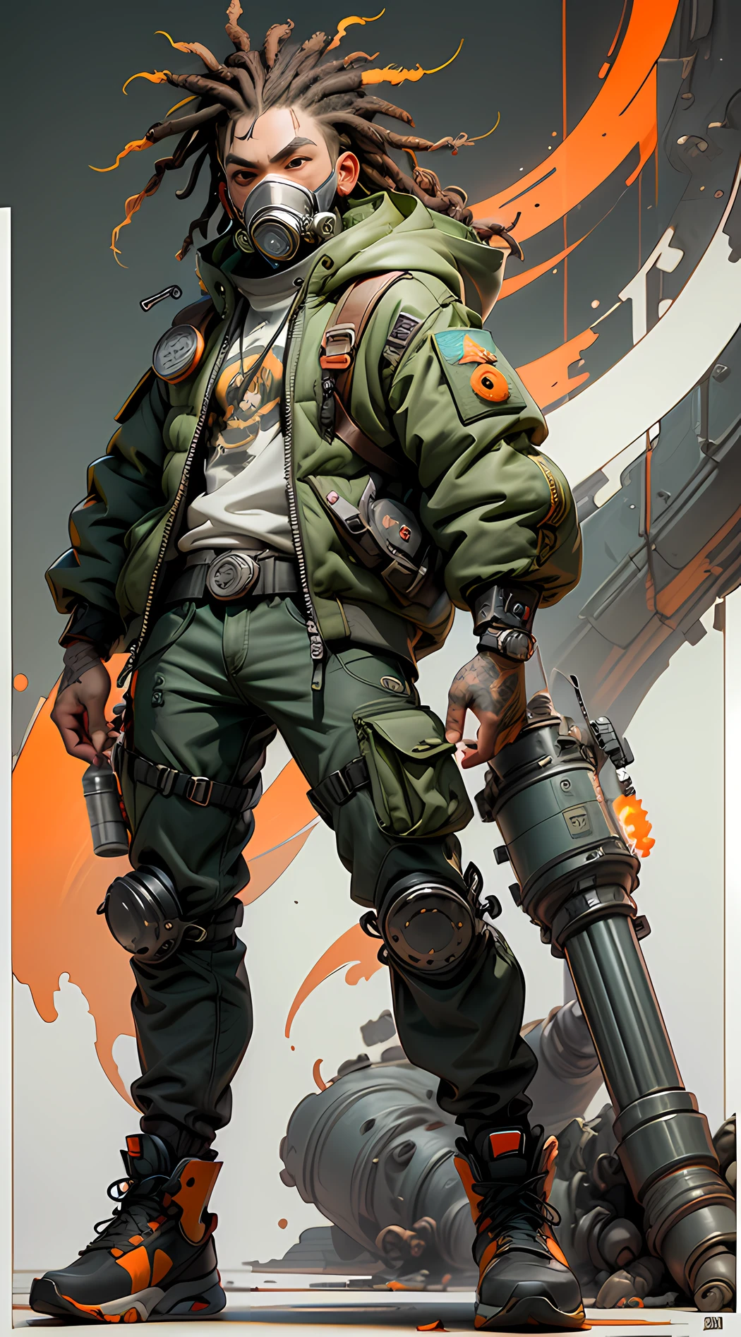 Full body, wearing a gas mask in the army, Biological Warrior, Evolutionary, Toxin, Biological weapons, warriors, green:1.5, orange:1.1, white:1.3, yellow:1.3, (rapper with dread hair),tattoos, (power puffer clothes:1.2),abstract lines and circles background