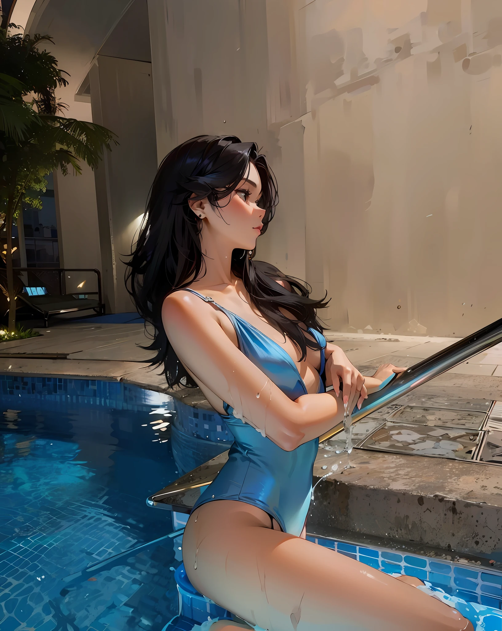 Arapi woman in blue swimsuit sitting by the pool, in a bathing suit, swimsuit, next to a pool, in a luxurious pool, wearing two - piece swimsuit, Sexy :8, Sexy girl, Sitting in the pool, IG model | Art germ, Sexy pose, Petite body, mai anh tran, full-body xianxia, pool-side