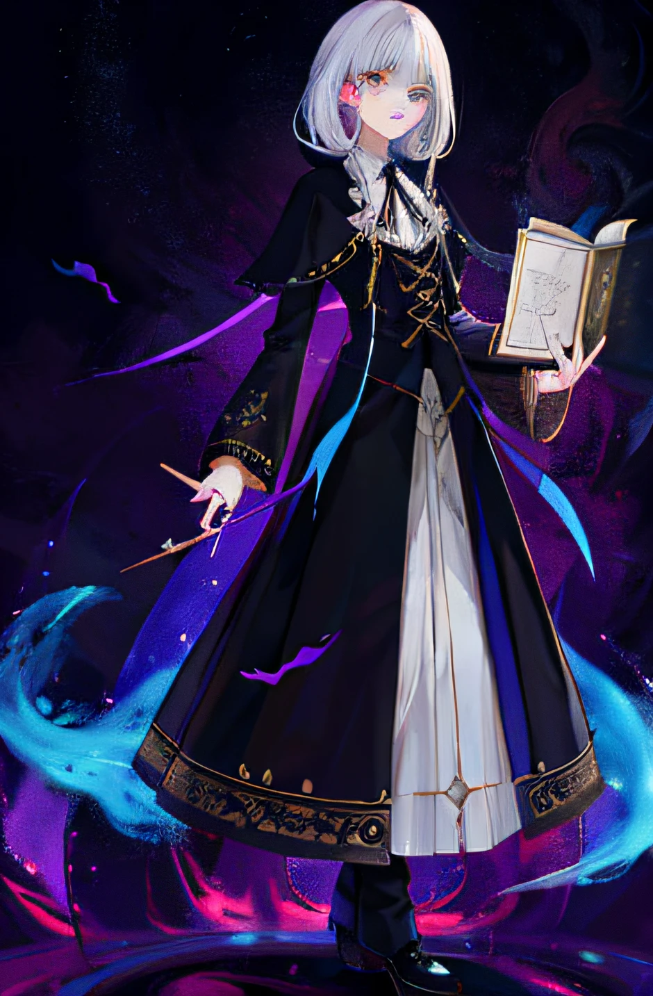 the witch,quadratic element,Holds the spell book in his left hand,Heterochromic pupils,whaite hair,haughty,mistic,Good at hiding yourself,Full body standing painting,A sense of control,Victorian style
