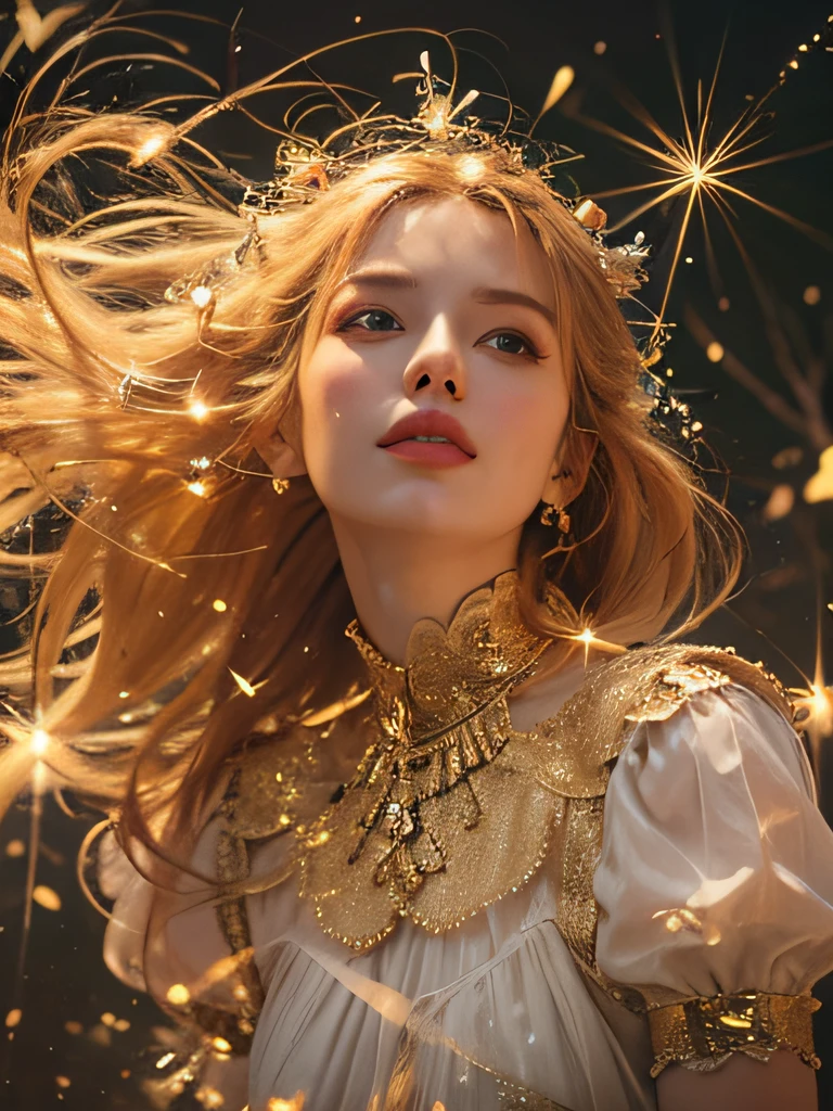 best quality, masterpiece, upper body,
(adult:1.6) hungarian woman, (smirk:0.4), arms behind head,
braided golden hair,
sparkling eyes,
victorian sundress,
 floating light particles, centered,