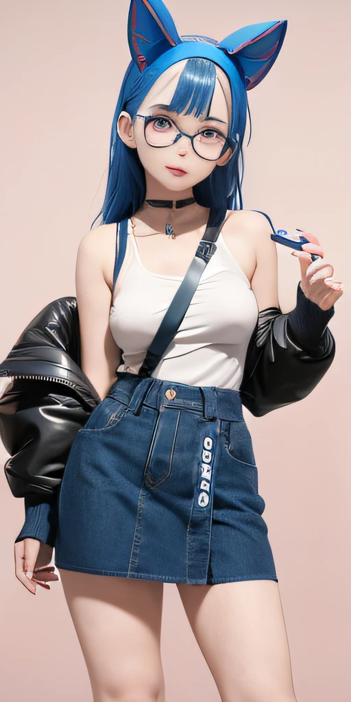 blue  hair，Small eye，eye glass，Earphone，Thick lip，Wide nose，Big ears，schoolgirls，Ball head，full bodyesbian，Slimming the waist，long leges