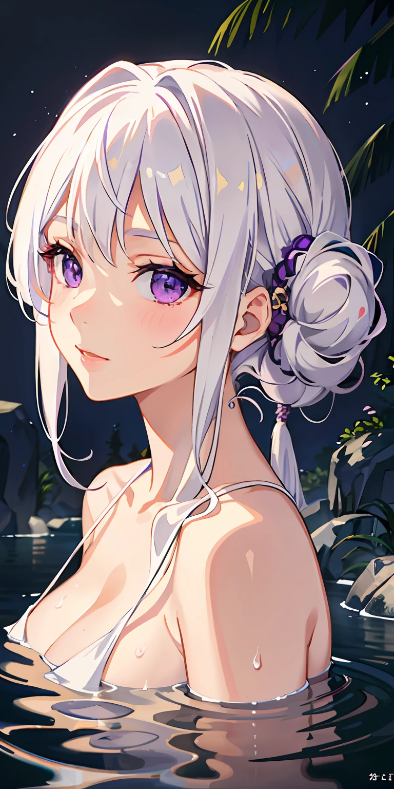 1girl, white hair, purple eyes, portrait, realistic, towel, (onsen), sidelighting, wallpaper, nsfw,