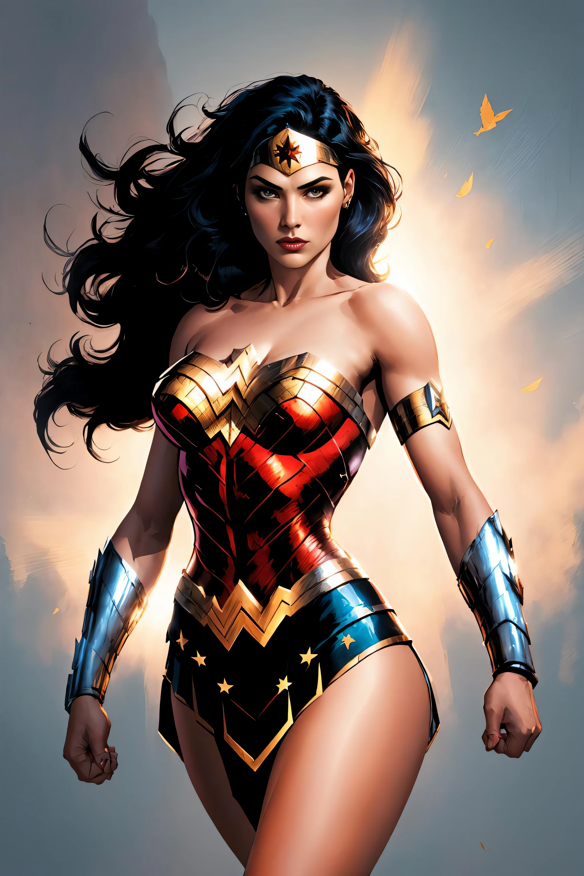 wonder woman, (pretty face:1.2), (finely detailed face and beautiful eyes),  mature female, muscle, bare hands, (armlet, armored dress, bracer, head ring ), (black eyes, black long hair, messy hair, floating hair), (long proportional legs), jim lee,  (best quality:1.1),(clear background:1.2), dark_fantasy, wind,  35mm lens, f/1.4, 8K, ((masterpiece)),  trending on Artstation, DeviantArt, Mucha, Rutkowski, artgerm