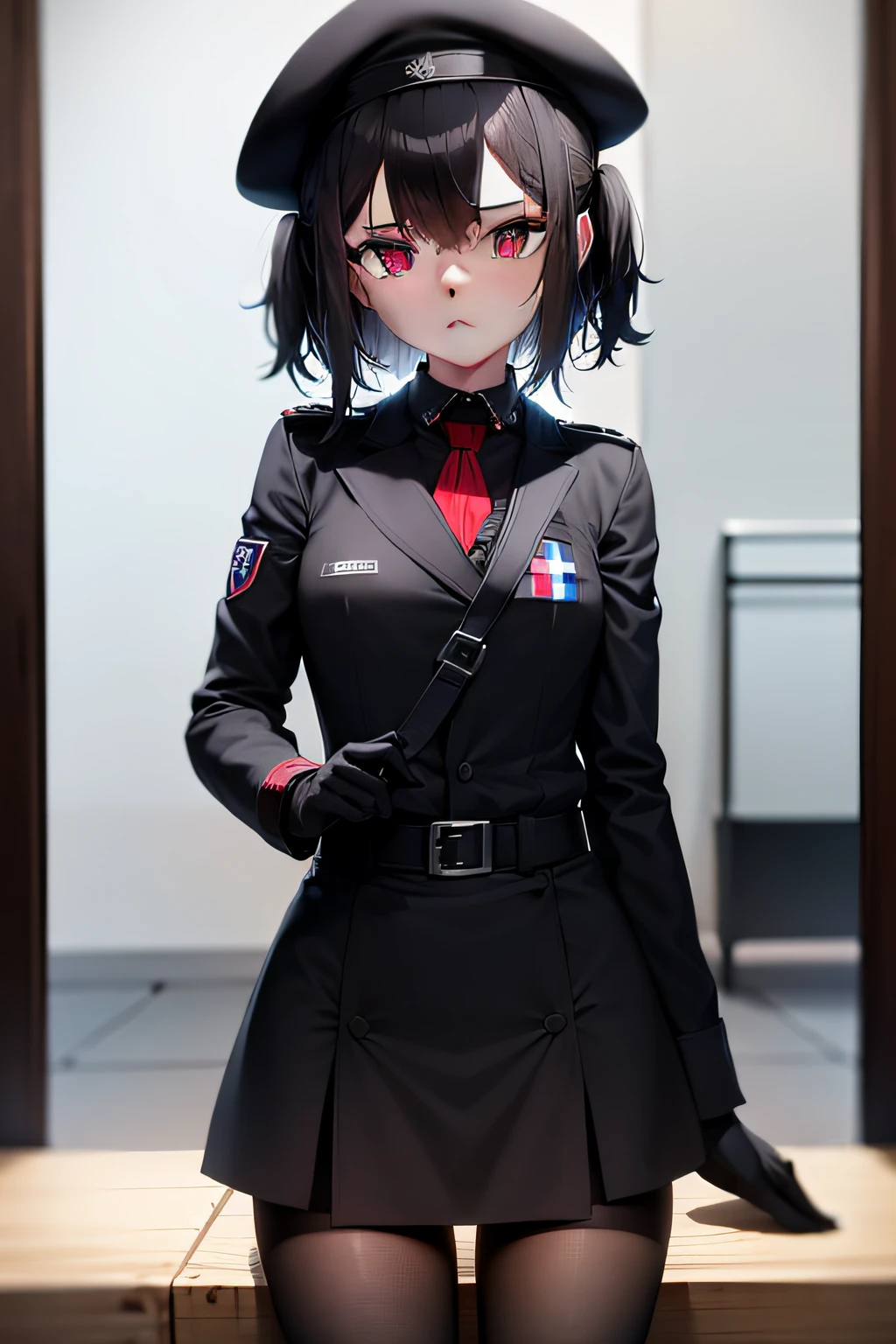 1fille, cheveux noir courts, yeux noir, porte un uniforme de la waffen SS world war 2, jupe noir avec collant noir, qui porte a 2 main un drapeau rouge, high resolucion, Ultranet, 8k, Masterpiece, Regarder le spectateur