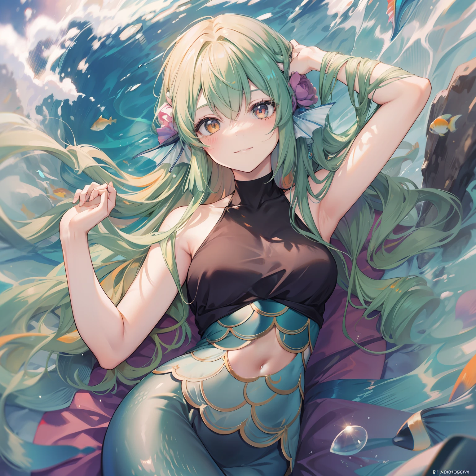 Young long orange hair between 20 years old, medium breasts, Cute face, Happy eyes, Smile, The abdomen is defined thin, Mermaid tail, Mermaid tail, Fishtail Mermaid Tail