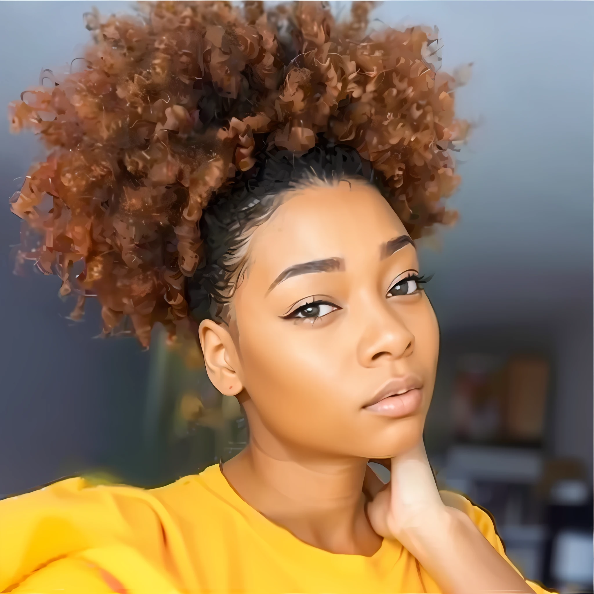 A woman wearing a yellow shirt and curly African woman, Curly copper-colored hair, with textured hair and skin, Natural hair, Natural short hair, curly afro, Short blonde Africa, red afro, afro hair, Light brown skin, light brown-skinned, with afro, Dark natural shine, with brown skin, curly and short top hair, Red-blond hair, High color texture,The hair color texture is clear