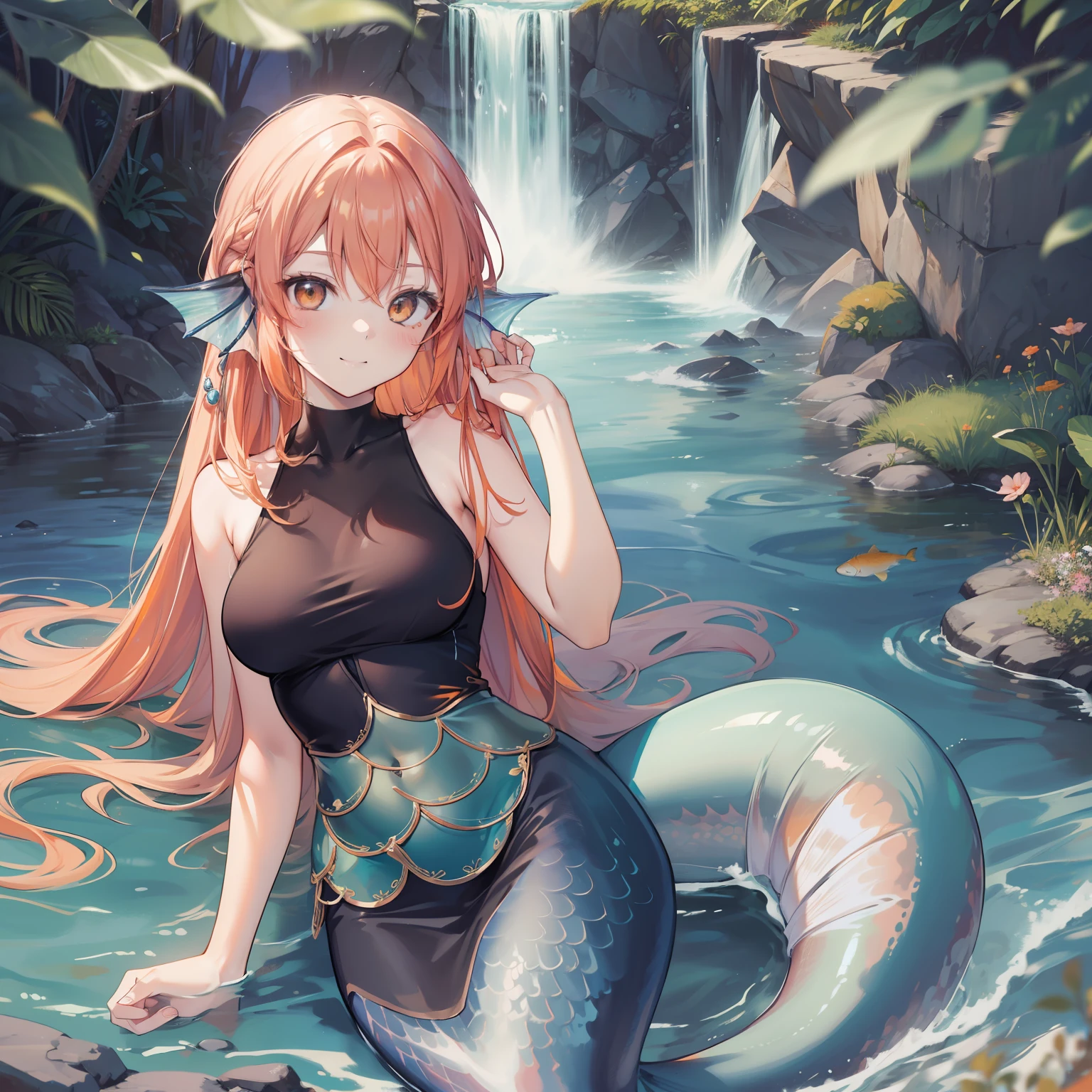 Young long orange hair between 20 years old, medium breasts⁩, Cute face, Happy eyes, Smile, The abdomen is defined thin, Mermaid tail, Mermaid tail, Fishtail Mermaid Tail