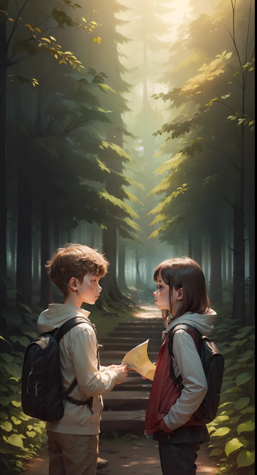 A girl and a boy, looking at a map, inside of a forest.