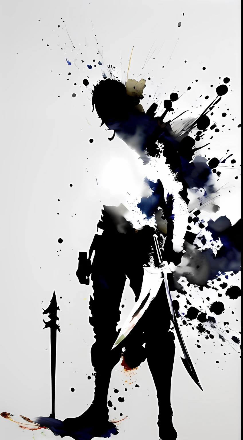 full body shot, a man，swordsman，Lateral face，full bodyesbian，China ink painting，white backgrounid