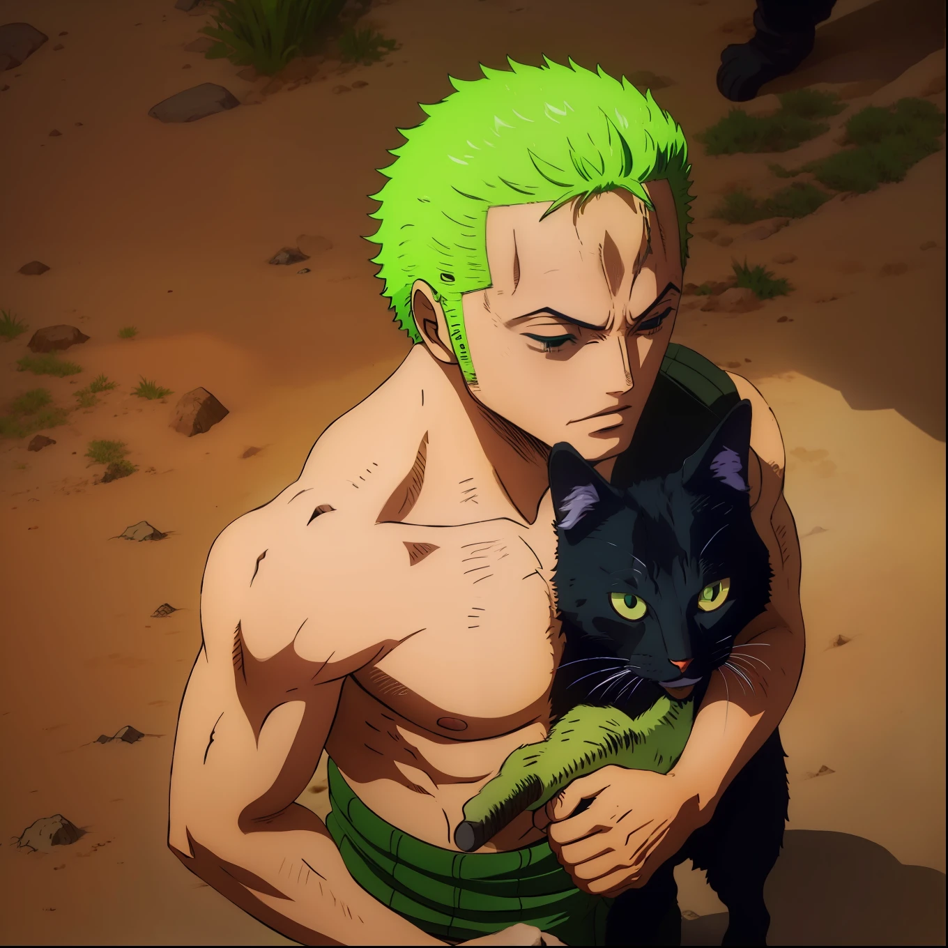 Um homem, cabelo verde, zoro, este homem esta sentado,, em um campo ensolarado, where cats everywhere, gatos em toda parte