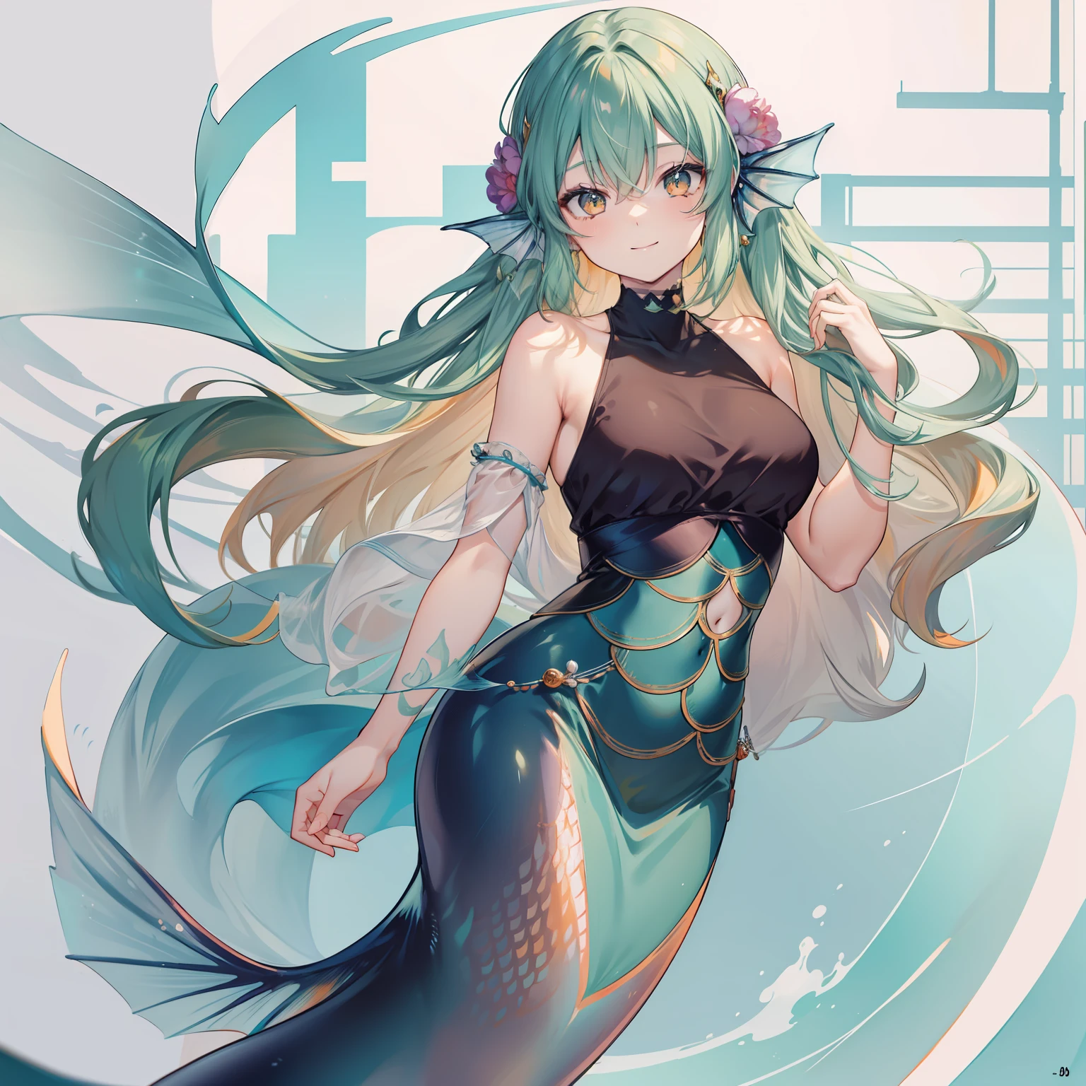 Young long orange hair between 20 years old, medium breasts, Cute face, Happy eyes, Smile, The abdomen is defined thin, Mermaid tail, Mermaid tail, Fishtail Mermaid Tail